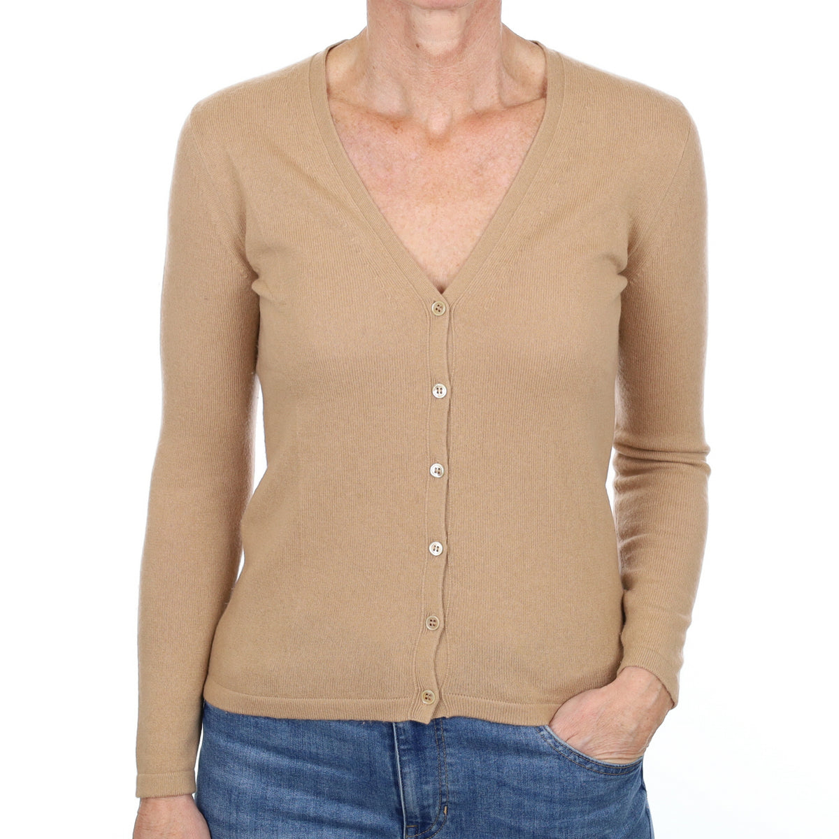 Camel Brown Cashmere V Neck Cardigan Small