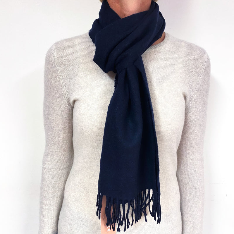 Navy Blue Fringed Woven Scarf