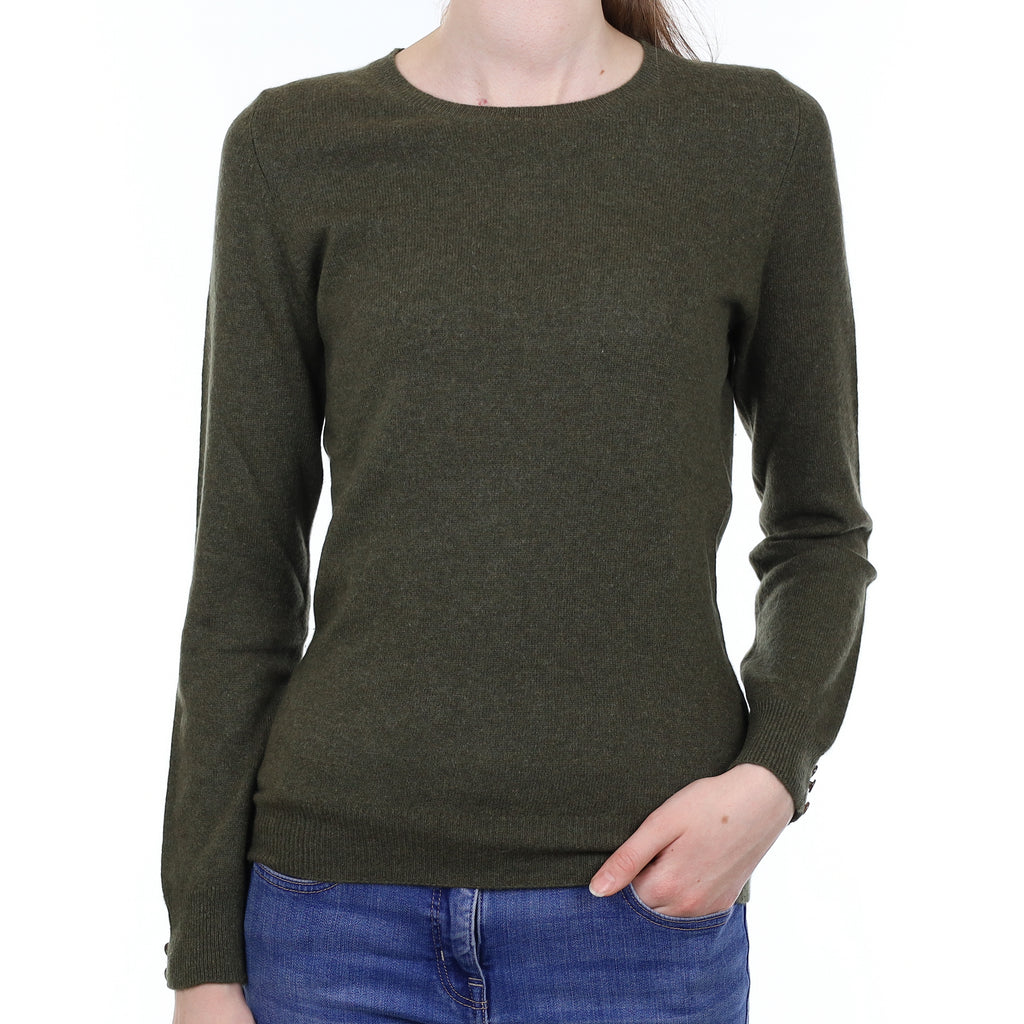 Khaki Green Cashmere Buttoned Cuff Crew Neck Jumper Extra Small