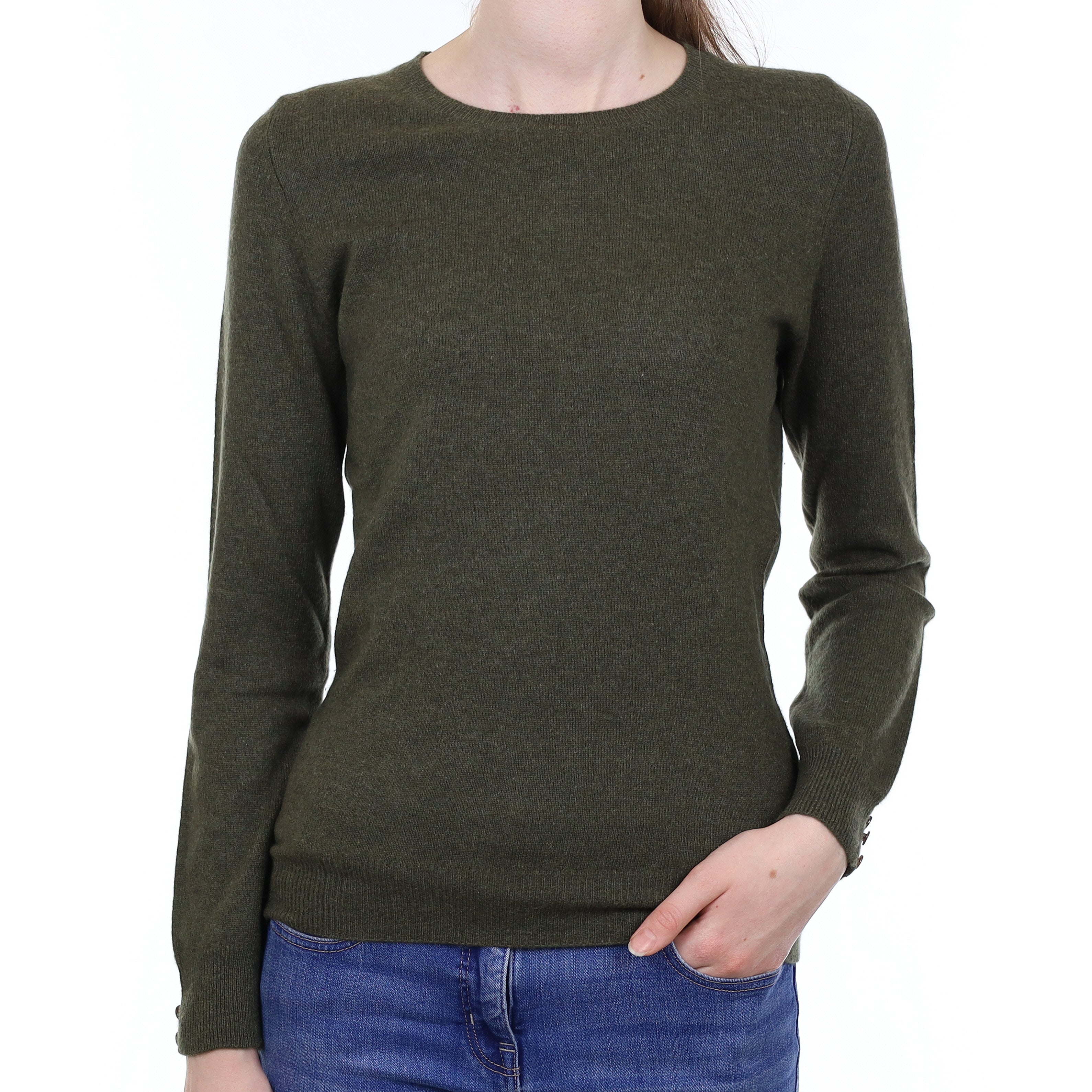 Khaki Green Cashmere Buttoned Cuff Crew Neck Jumper Extra Small