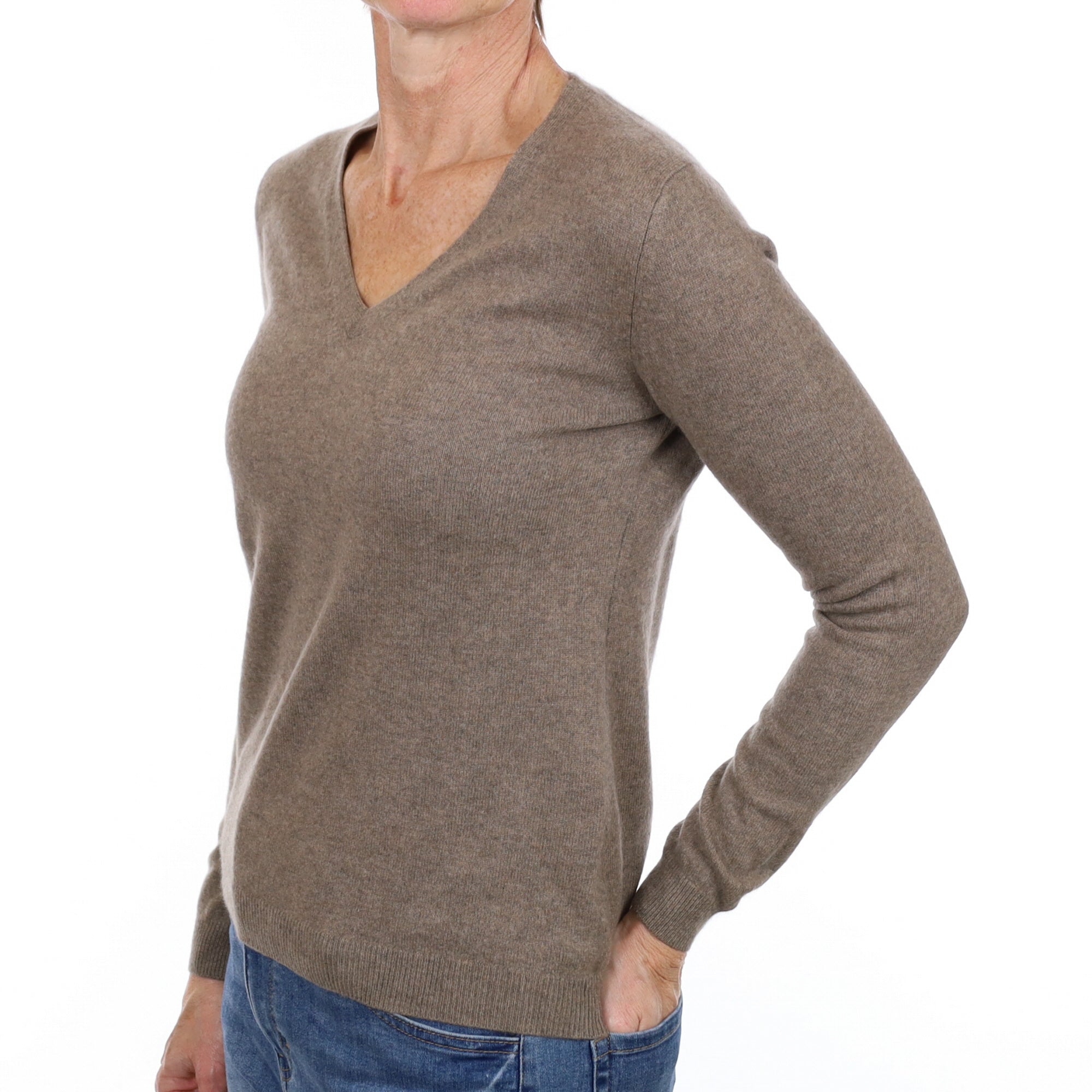Mocha Brown Cashmere V Neck Jumper Small