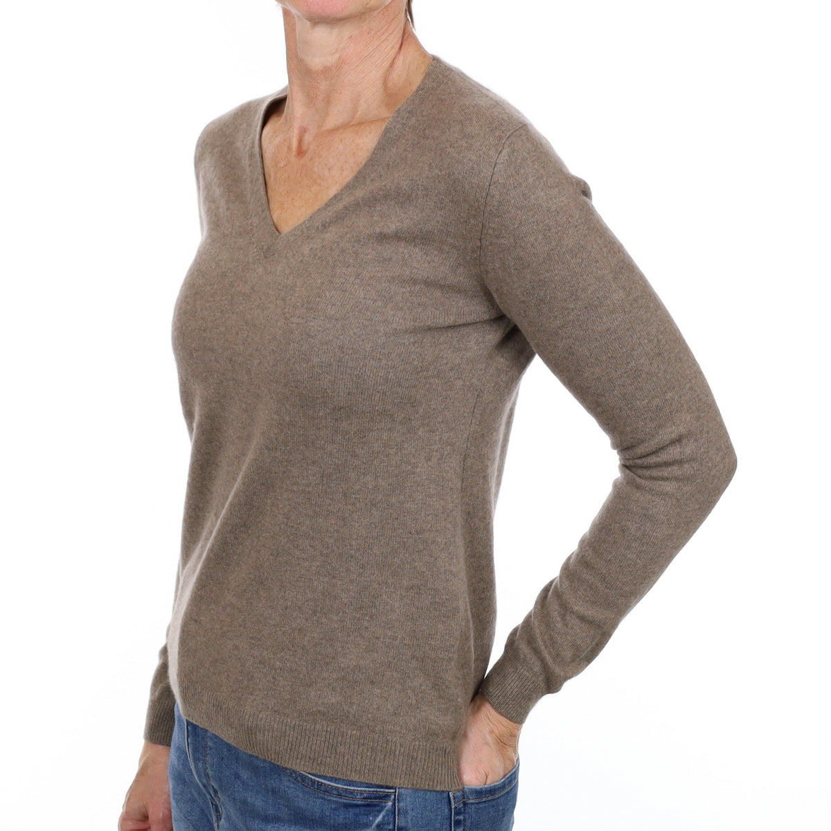 Mocha Brown Cashmere V Neck Jumper Small