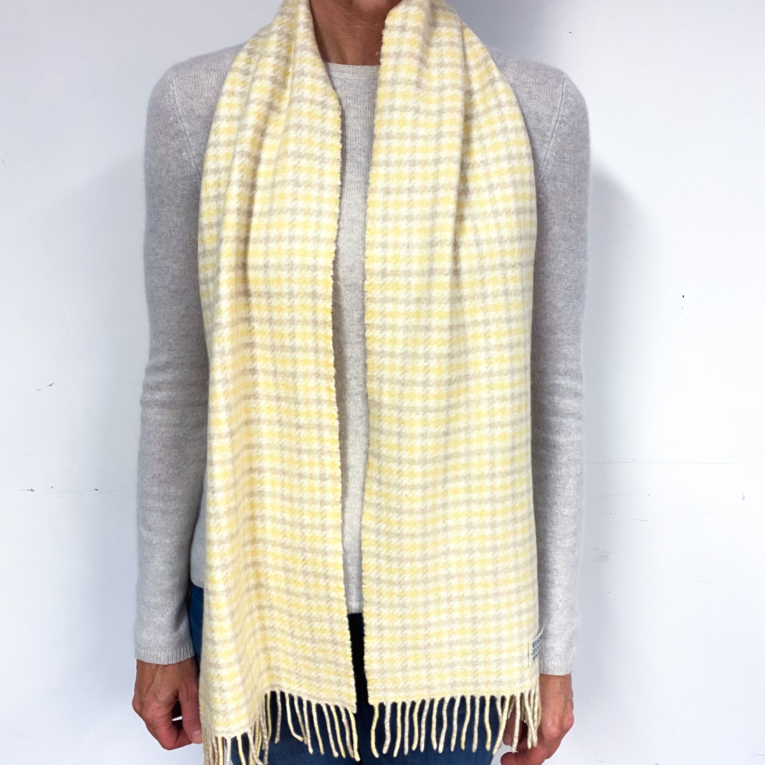 Cream and Beige Checked Cashmere Fringed Woven Scarf