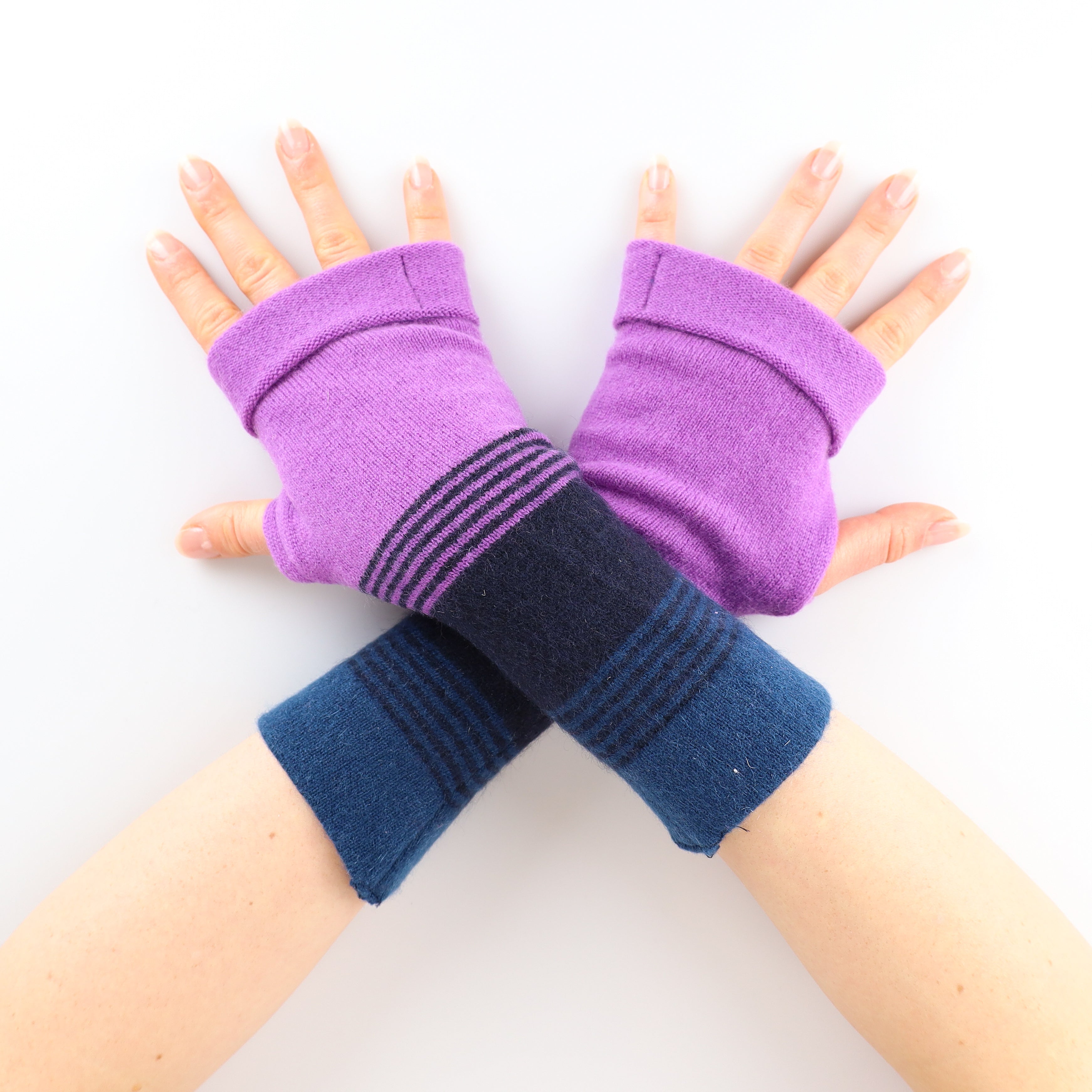 Purple Navy and Blue Striped Fingerless Gloves