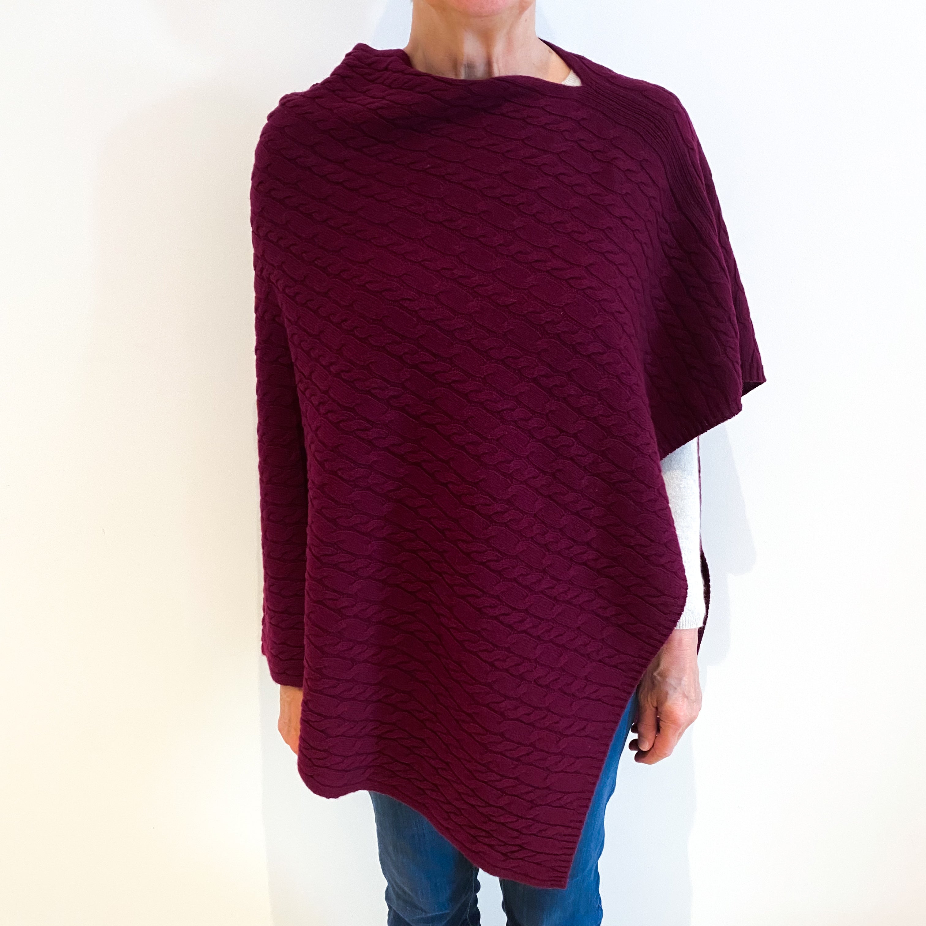 Brand New Scottish Mulberry Purple Cashmere Cable Poncho One Size
