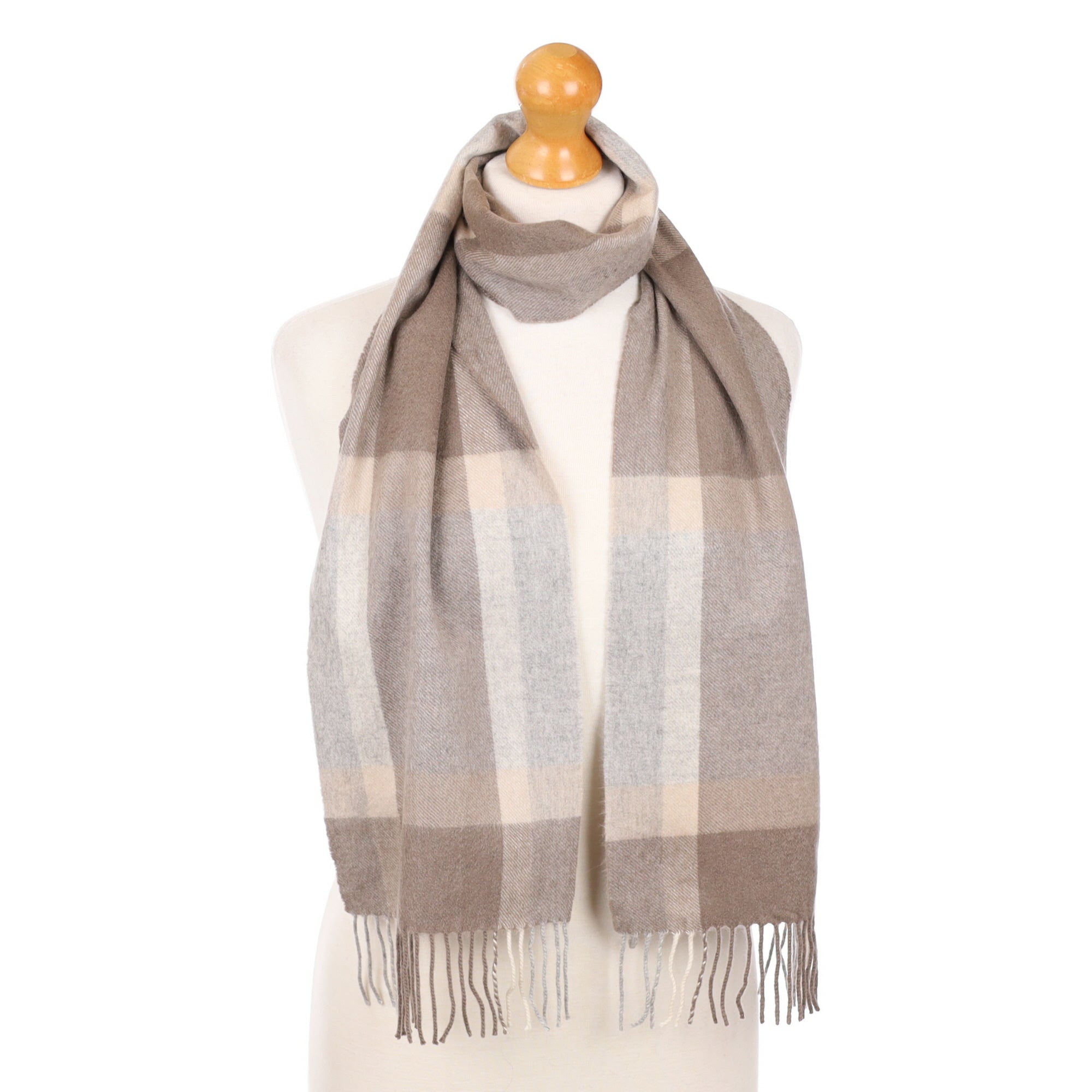 Grey and Mocca Check Fringed Cashmere Woven Scarf