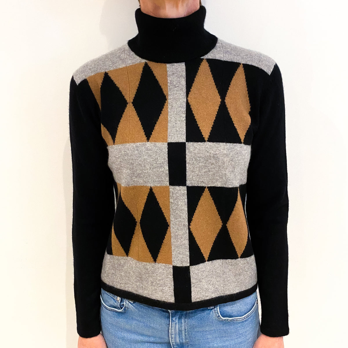 Black Patterned Cashmere Polo Neck Jumper Small