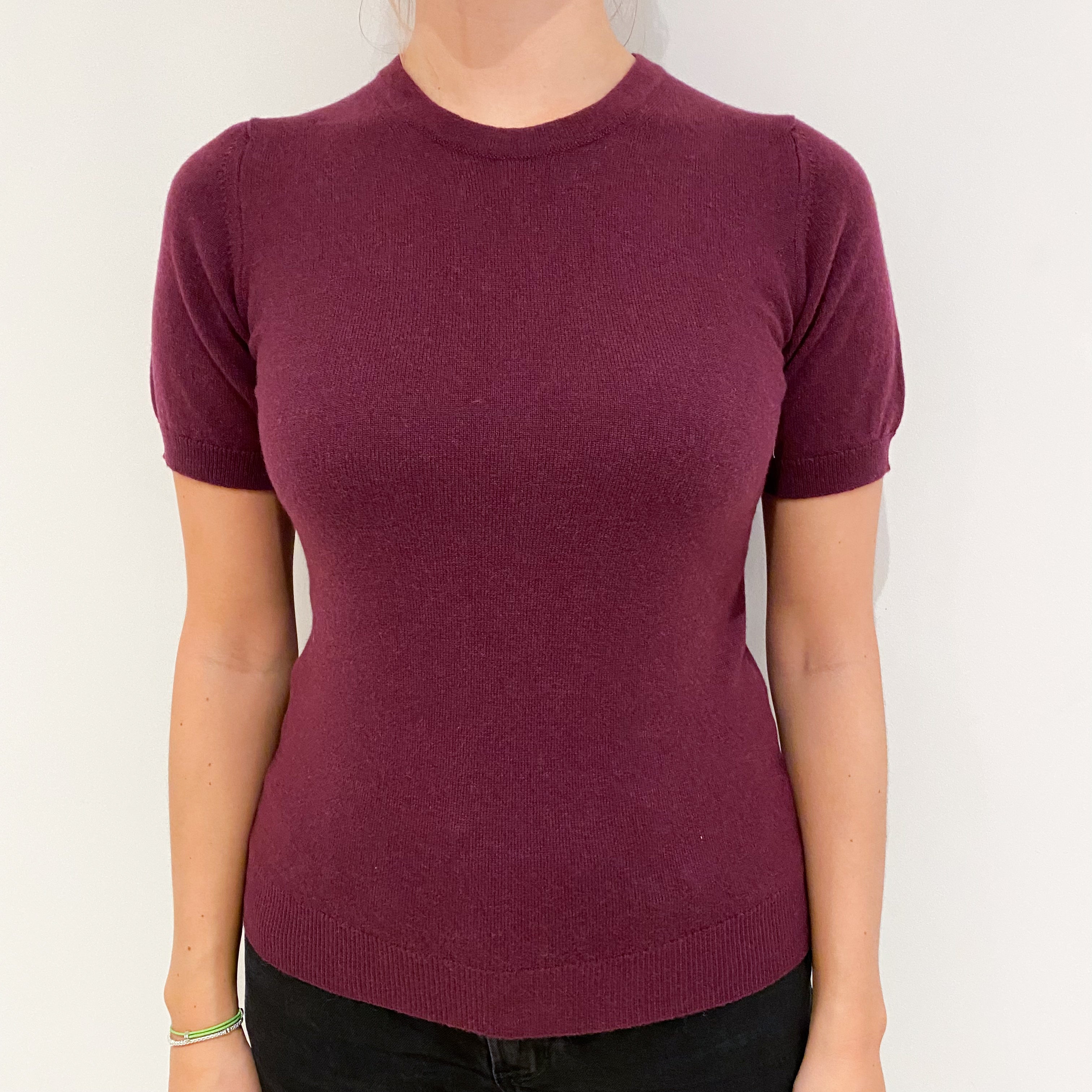 Brand New Scottish Mulberry Purple Short Sleeved Cashmere Crew Neck Jumper Small