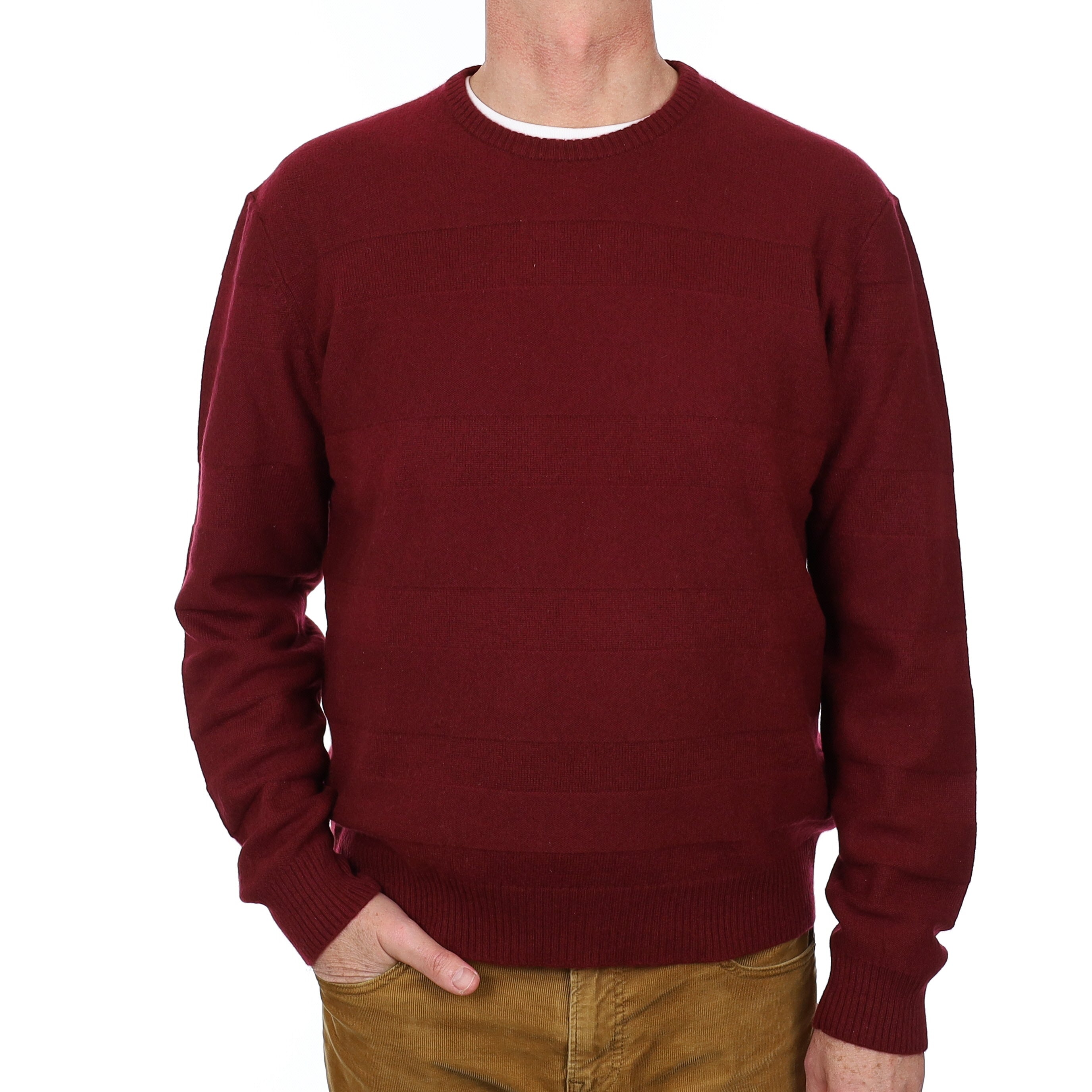 Men’s Burgundy Striped Knit Cashmere Crew Neck Jumper Extra Large