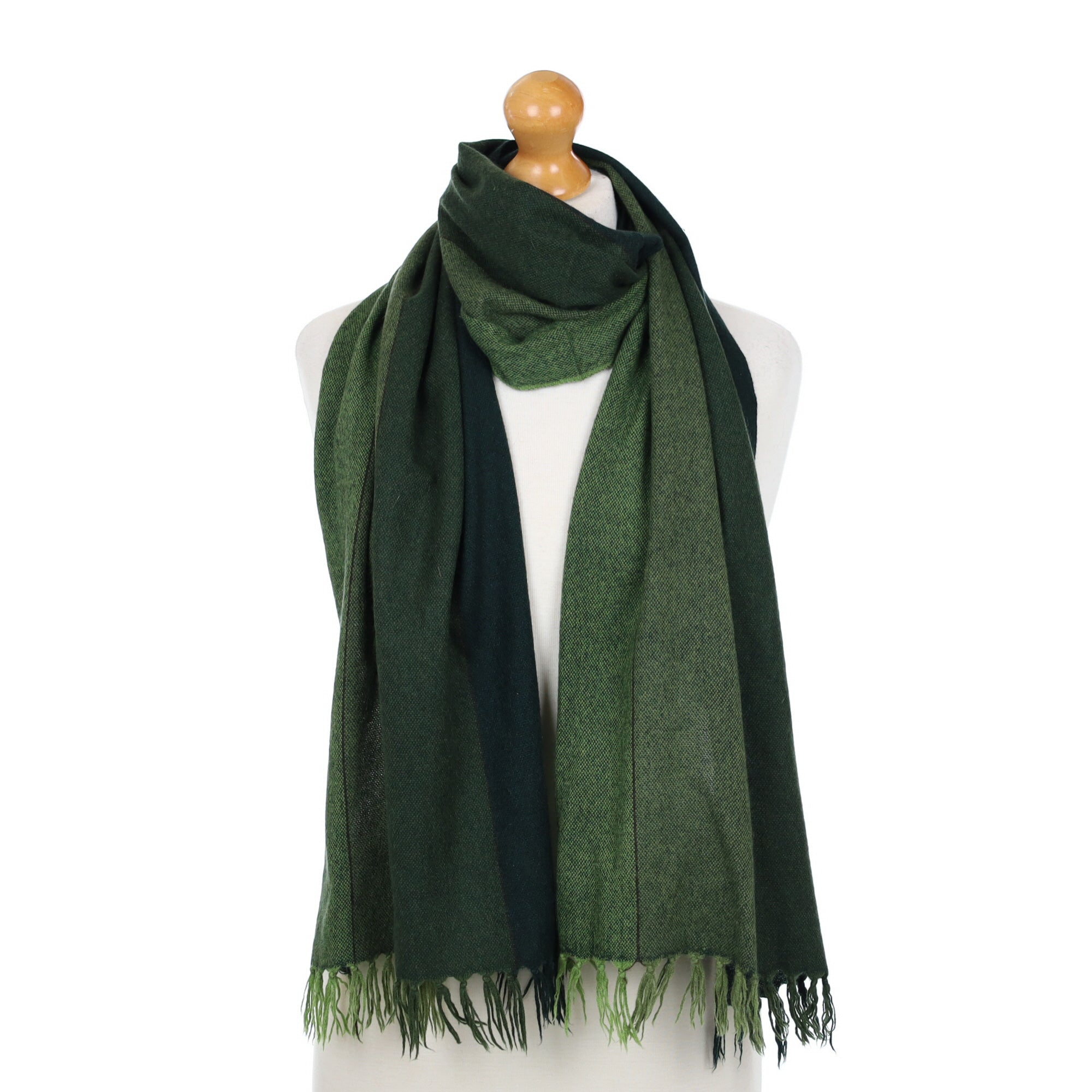 Italian Green Stripe Cashmere Fringed Woven Scarf
