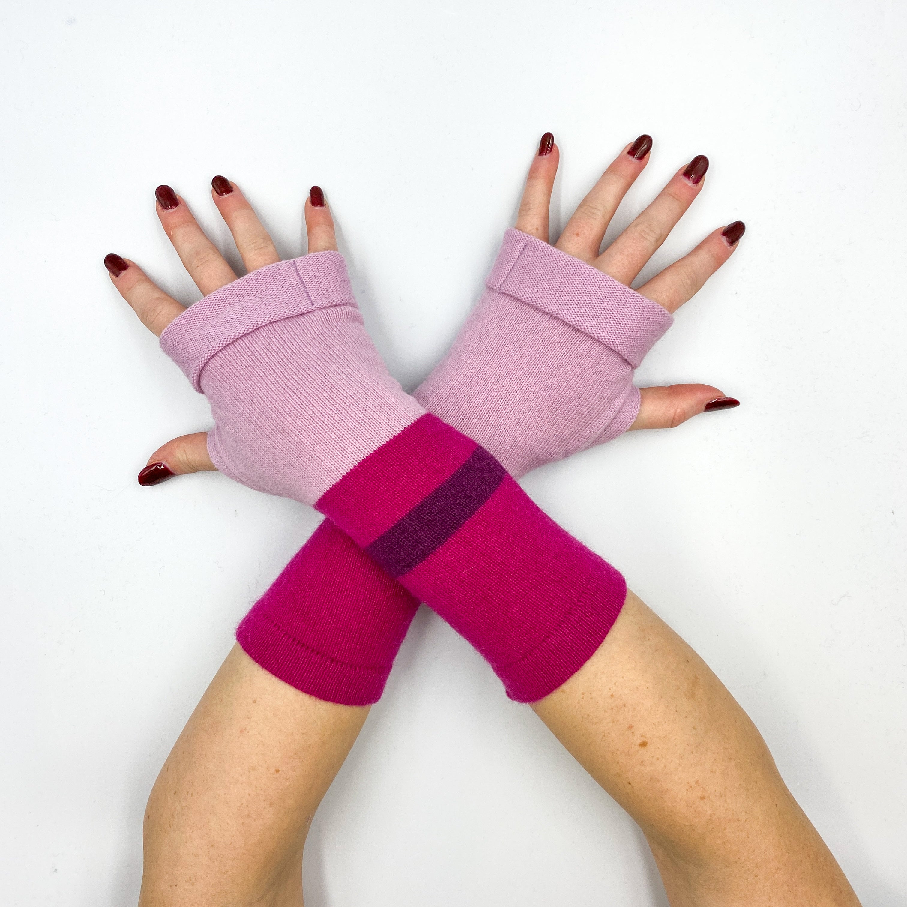 Pink and Purple Colour Block Fingerless Gloves