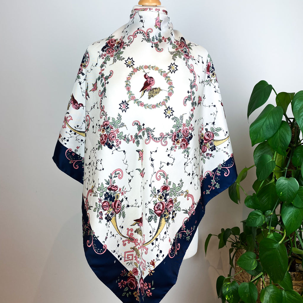 Vintage Cream and Navy Floral Silk Scarf