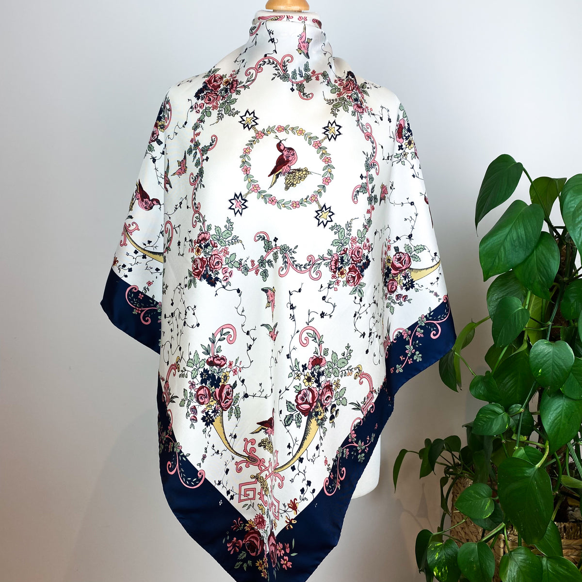 Vintage Cream and Navy Floral Silk Scarf