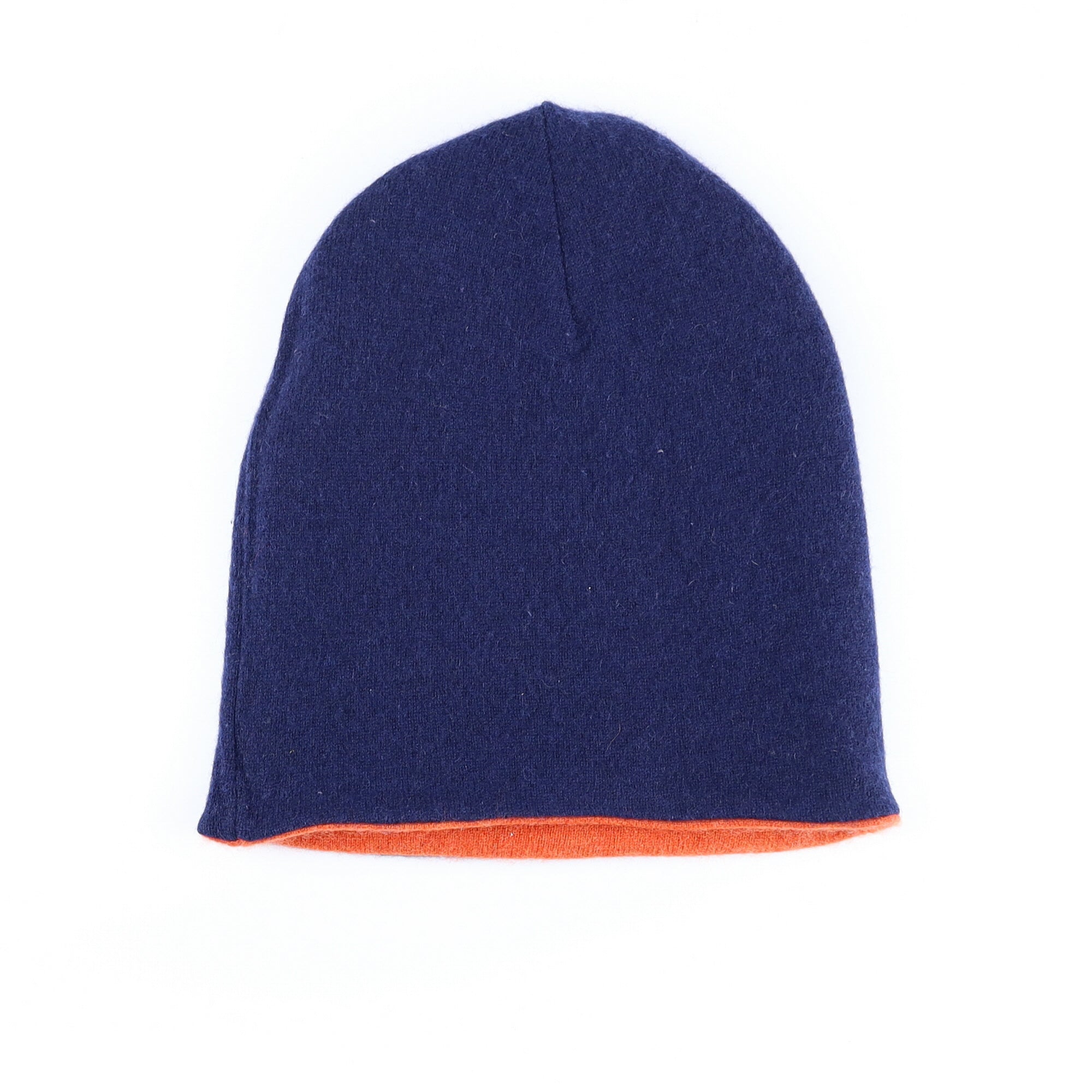 Navy and Burnt Orange Reversible Cashmere Beanie Hat