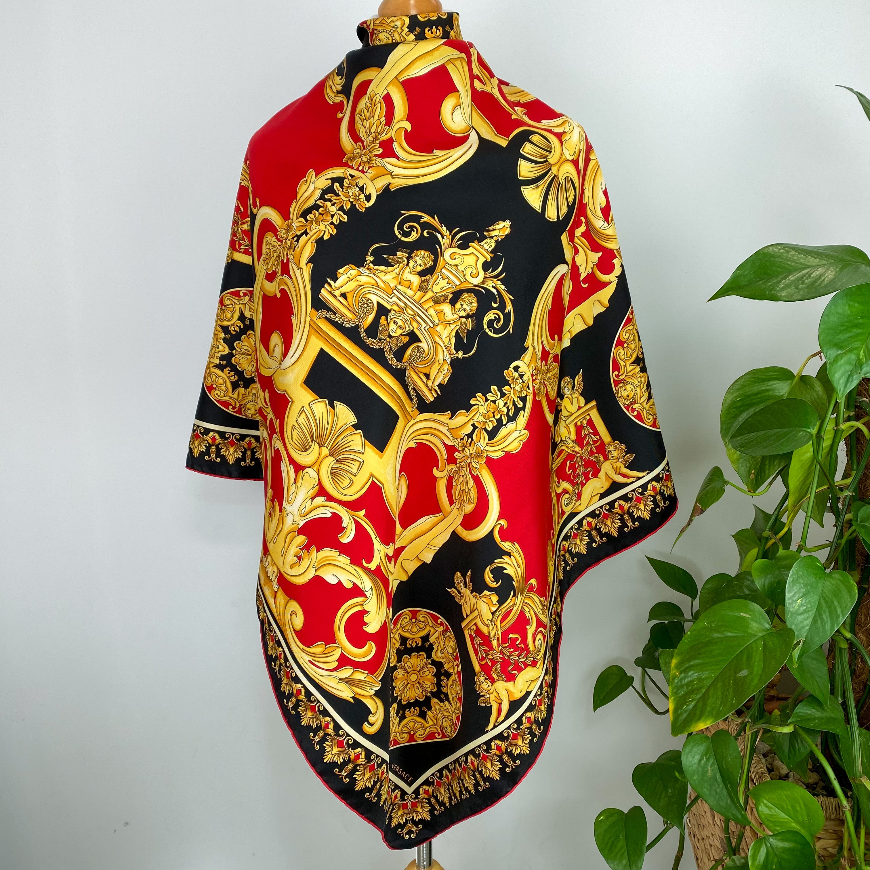 Immaculate Versace Black Red and Gold Silk Scarf