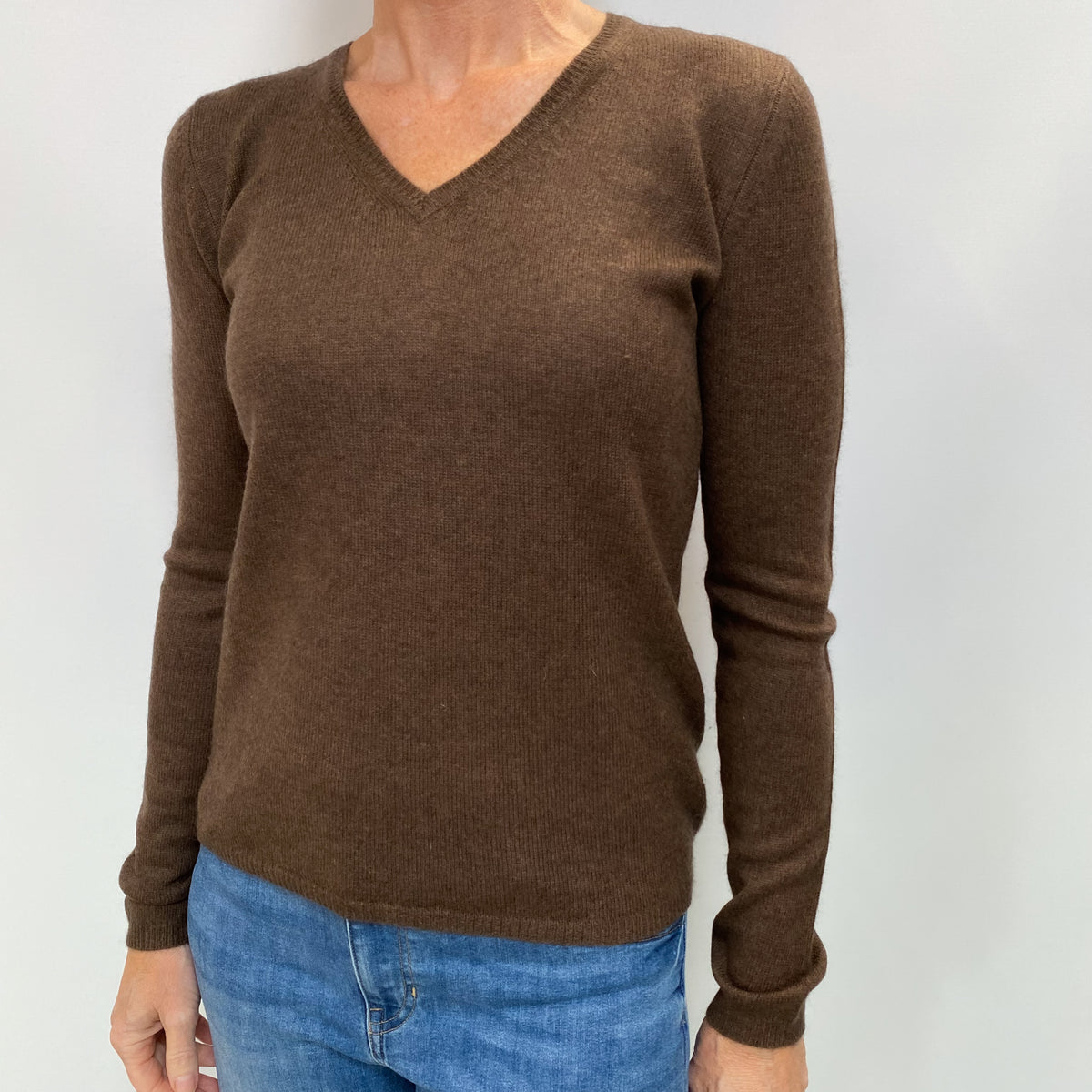 Chocolate Brown Cashmere V Neck Jumper Small