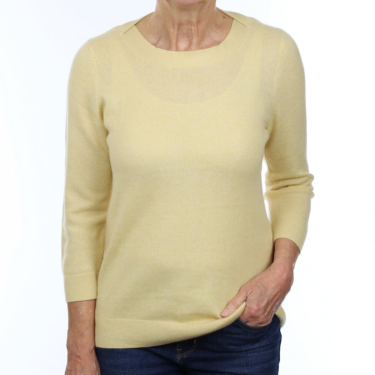 Primrose Yellow Cashmere Cross Over Scoop Neck Jumper Medium
