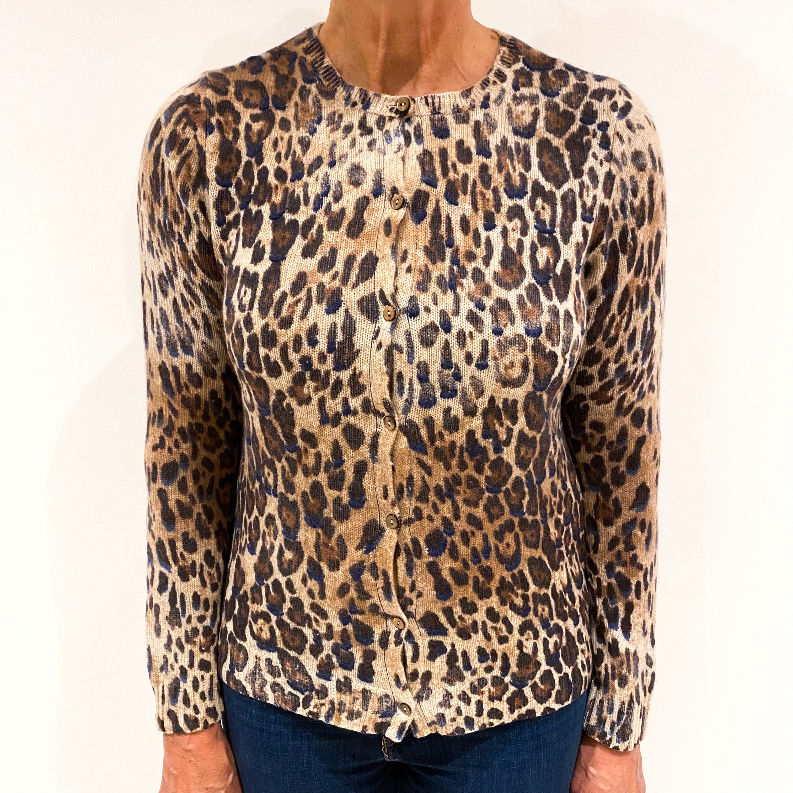 Brown and Beige Leopard Print Cashmere Crew Neck Cardigan Medium