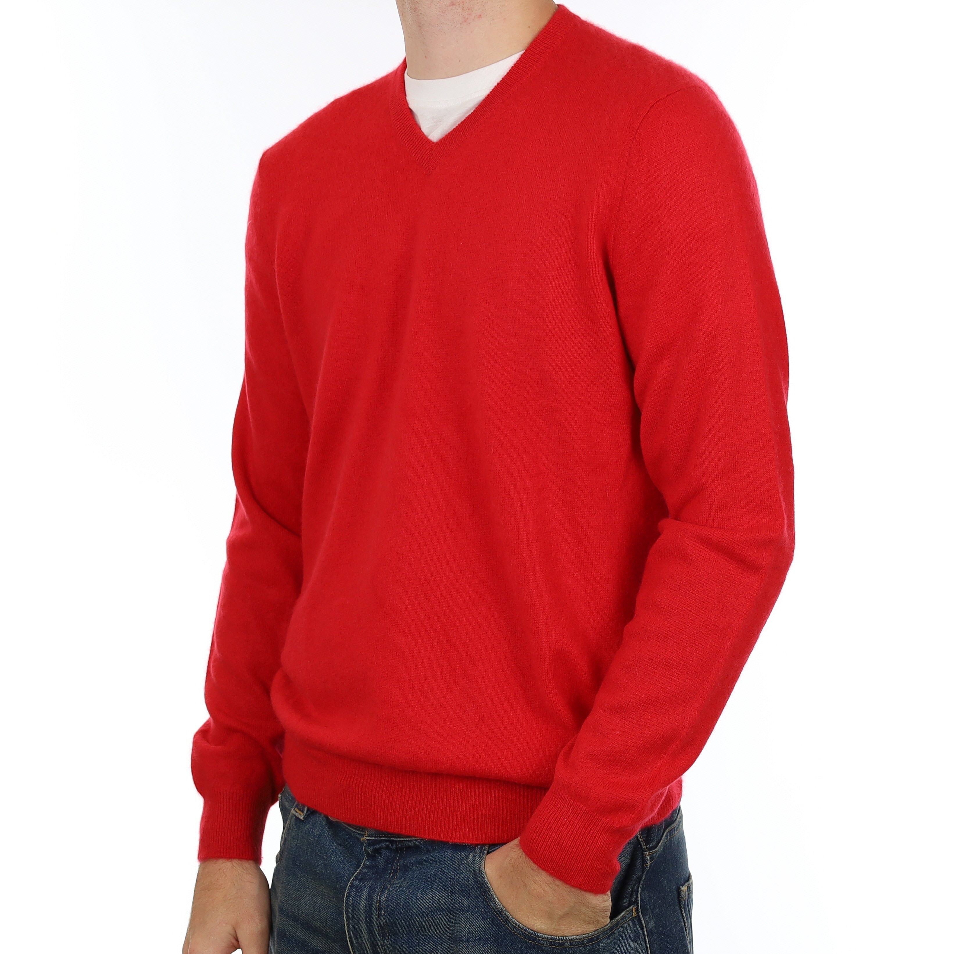 Men’s Spanish Red Cashmere V Neck Jumper Large