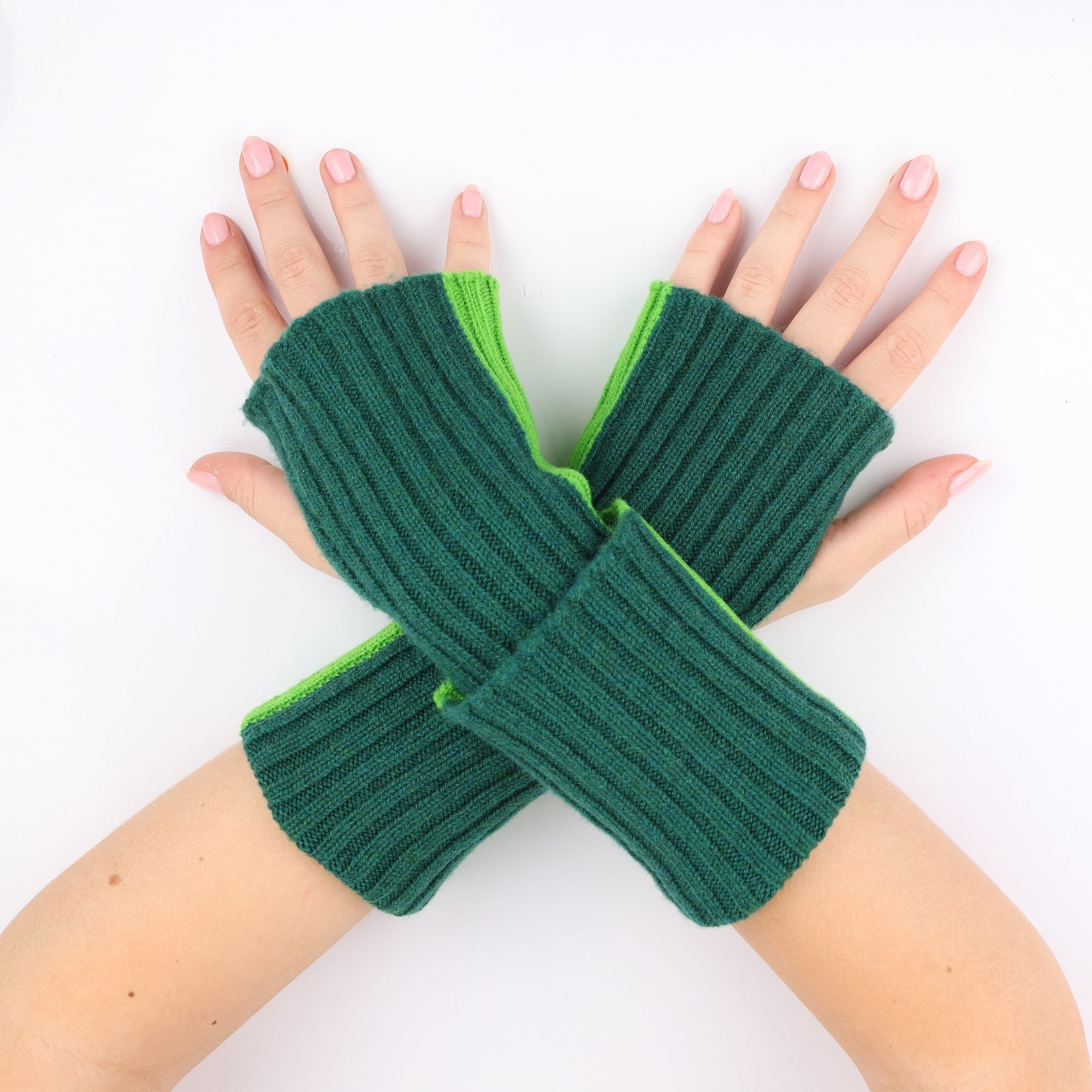 Brand New Scottish Neon and Forest Green Ribbed Fingerless Gloves
