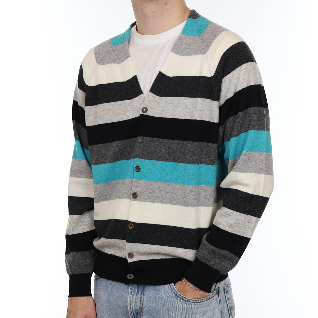 Men's Brand New Scottish Aqua and Grey Striped Cashmere V Neck Cardigan Medium
