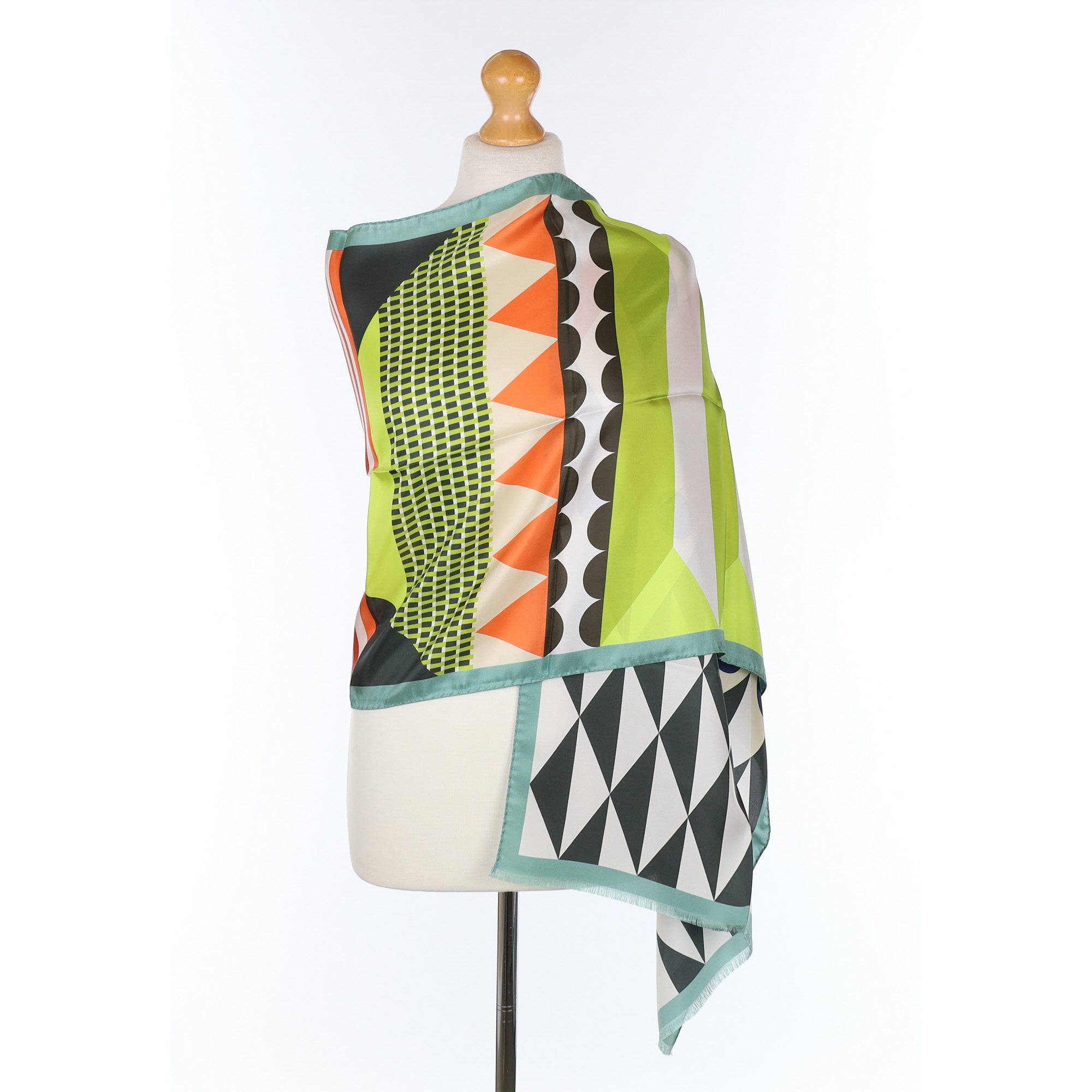 Brand New Italian Orange & Green Geometric Silk Wrap