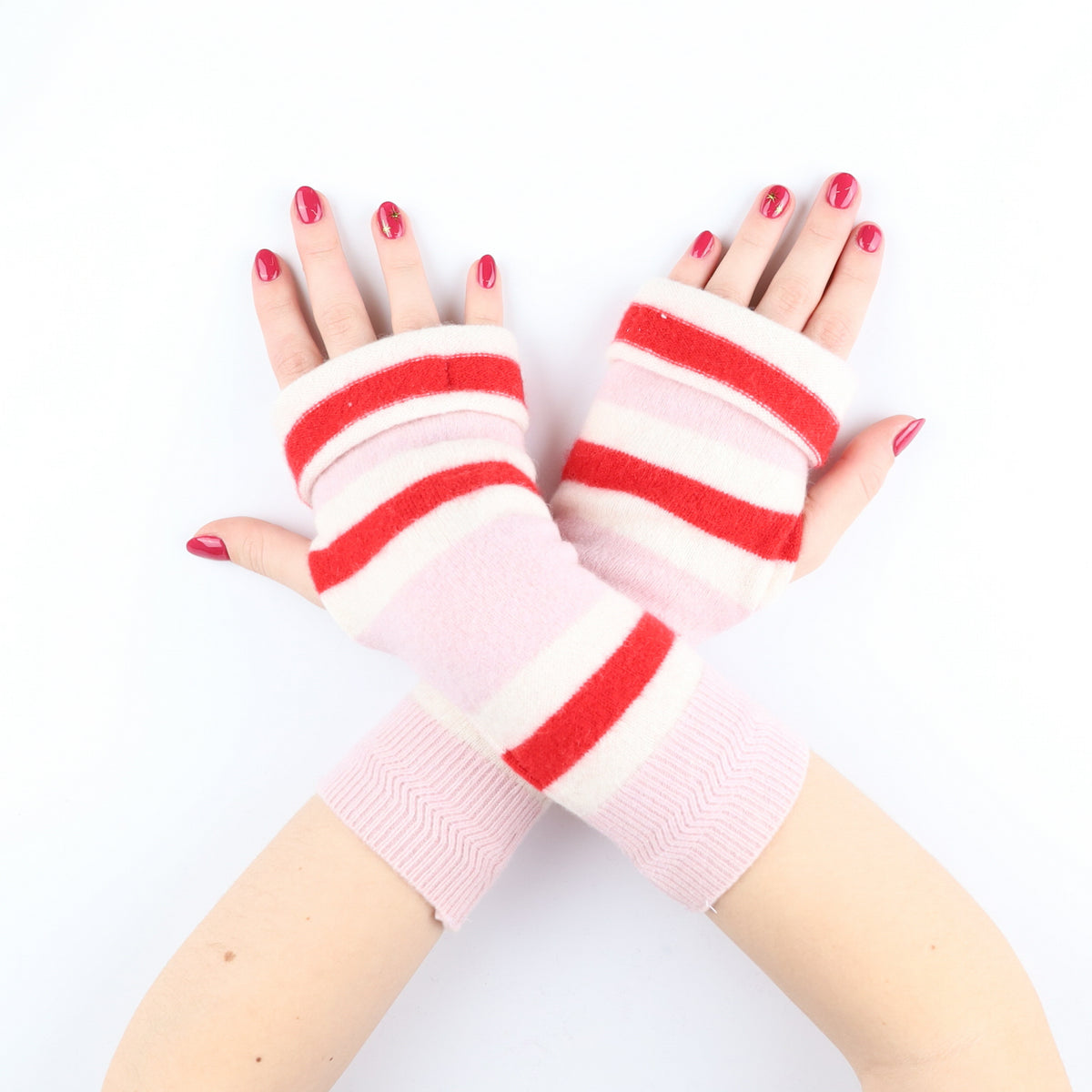 Mauve and Scarlet Red Stripe Fingerless Gloves
