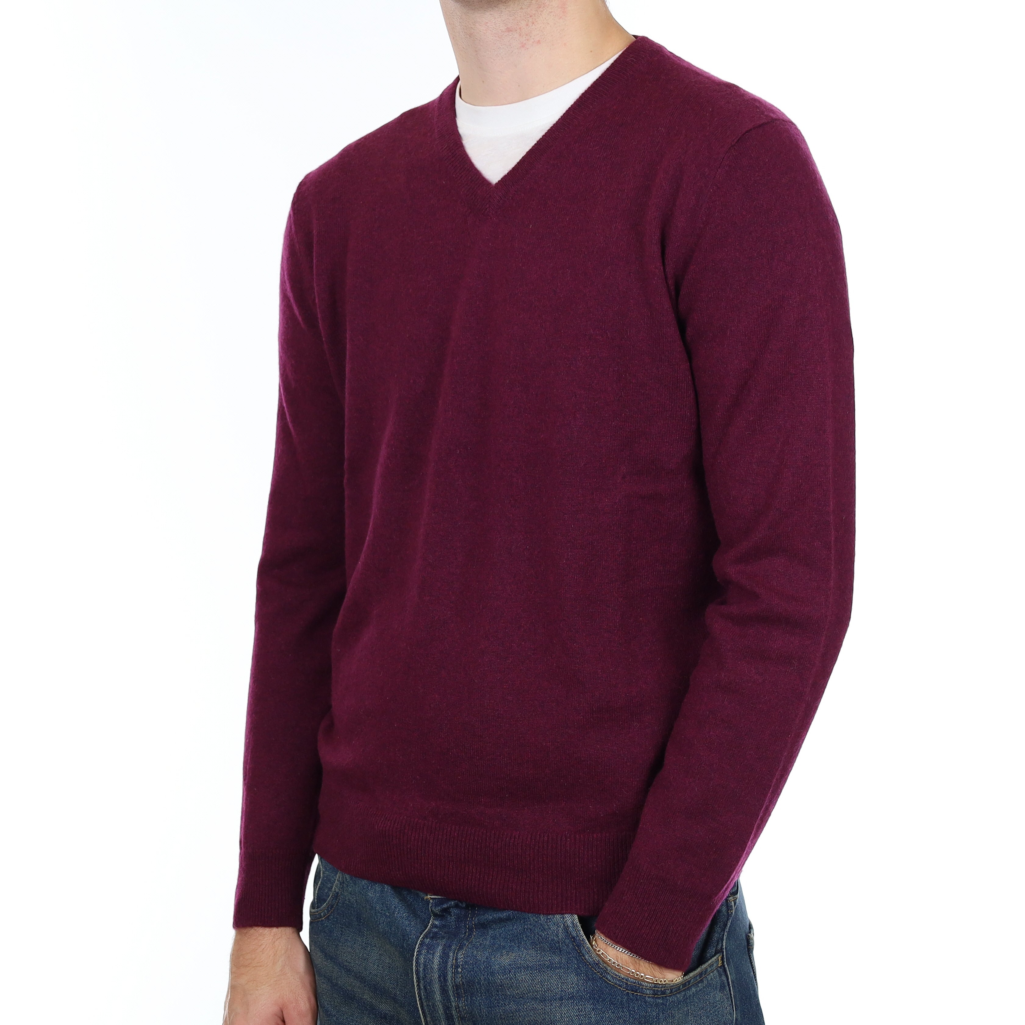 Men’s Plum Purple Cashmere V Neck Jumper Large