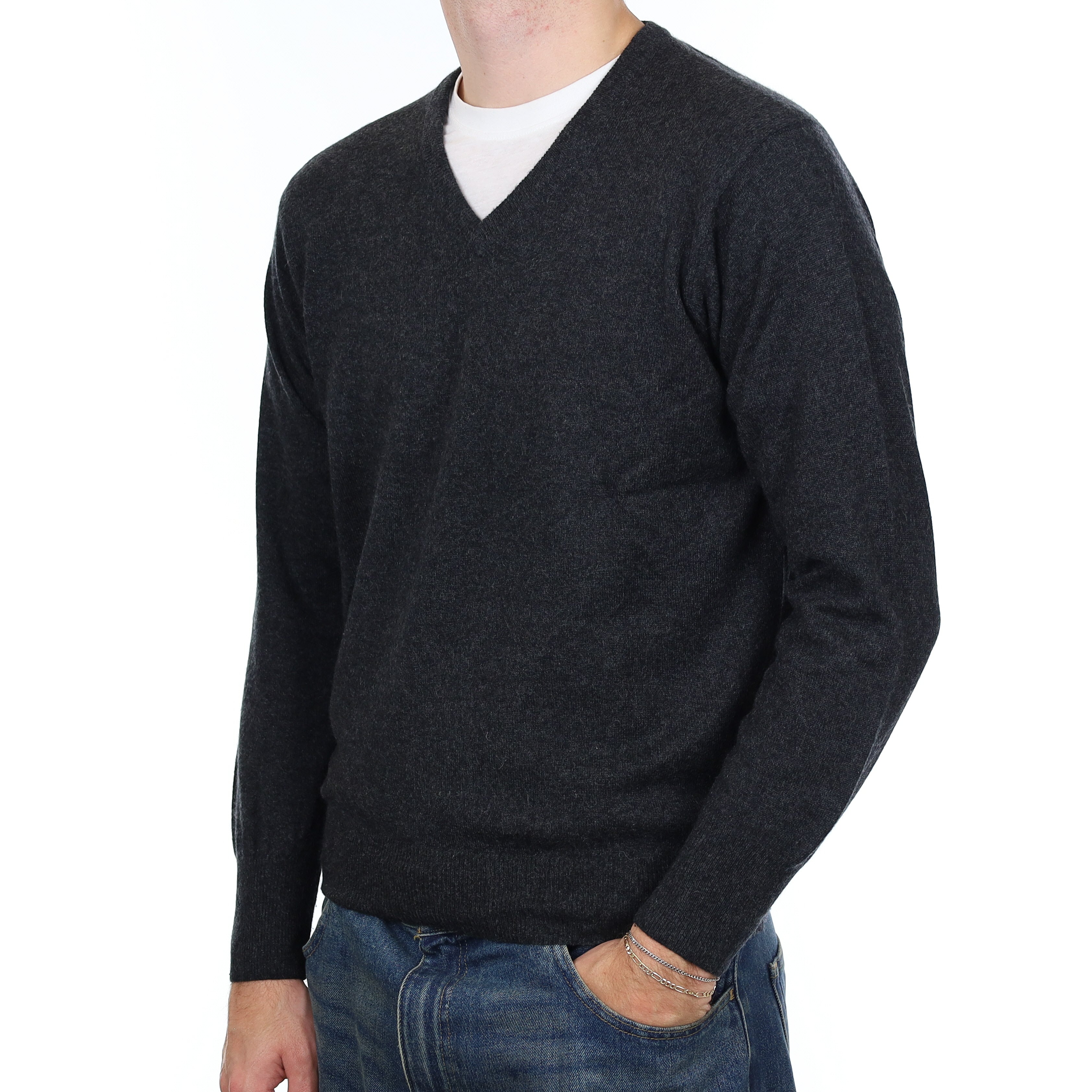 Men’s Charcoal Grey Cashmere V Neck Jumper Medium