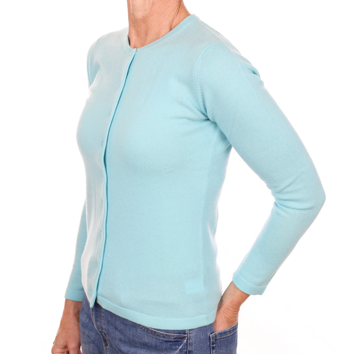 New Pale Aqua Blue Cashmere Crew Neck Cardigan Small