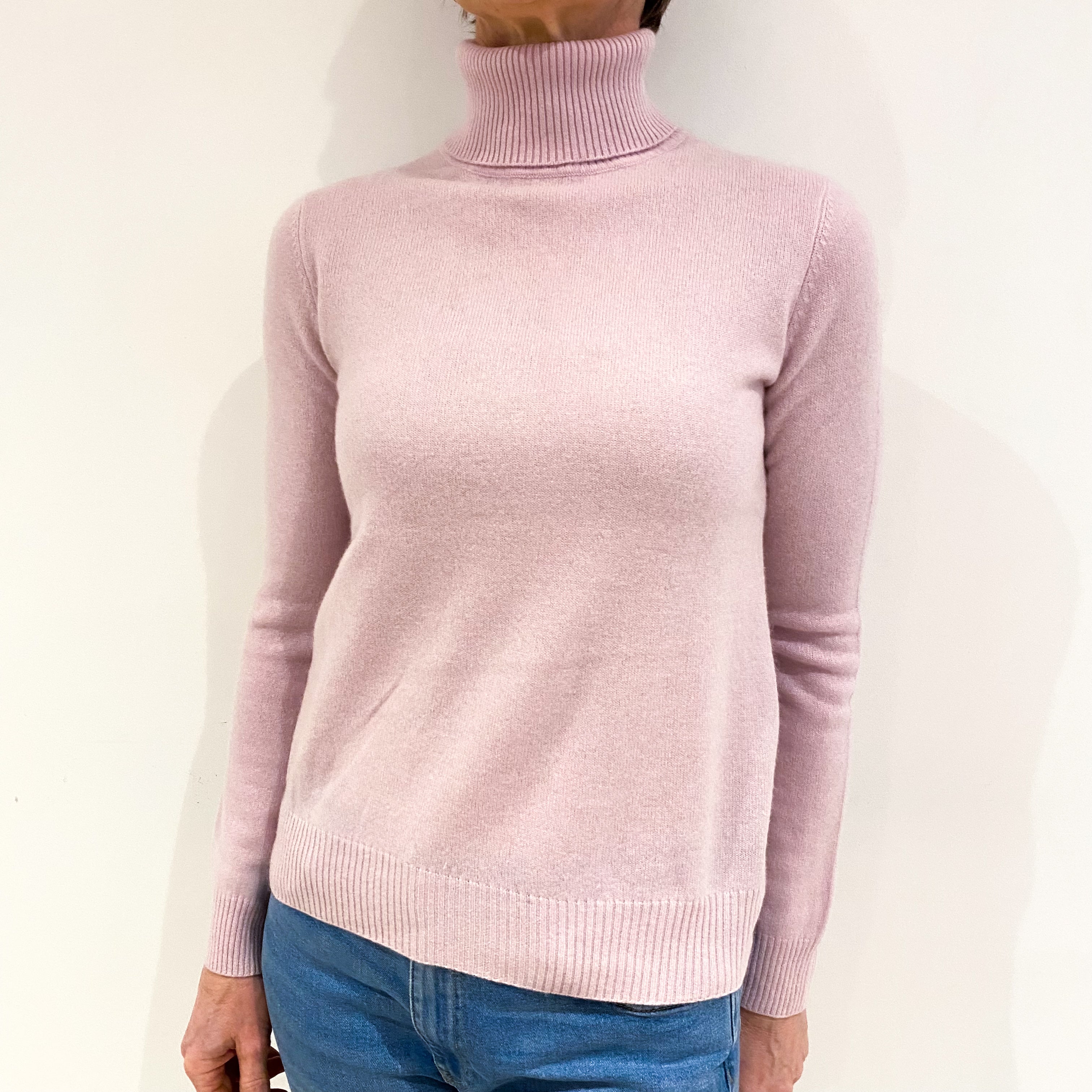 Pale Mauve Pink Cashmere Polo Neck Jumper Small