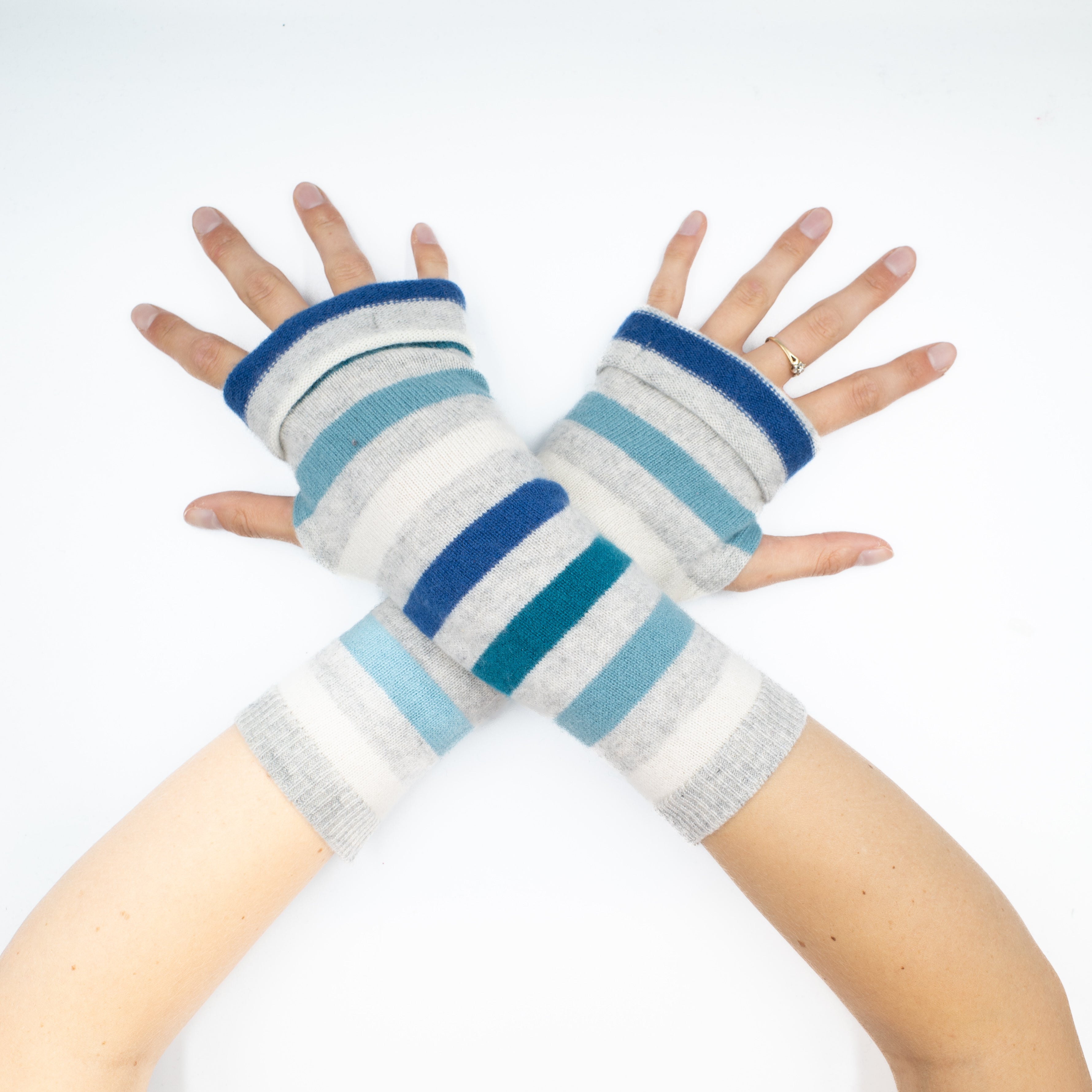 Blue and Pale Grey Striped Fingerless Gloves
