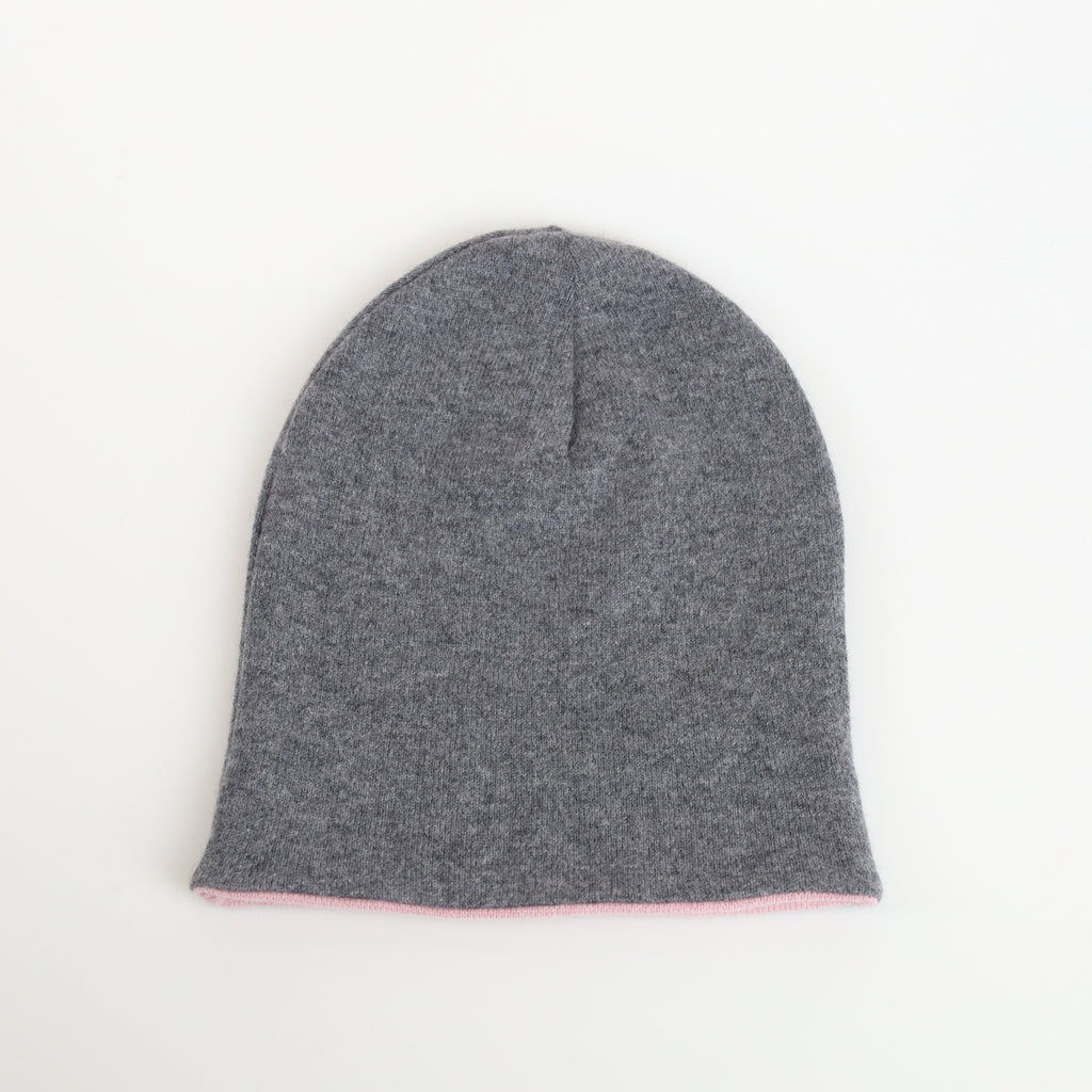 Ash Grey and Pink Reversible Cashmere Beanie Hat