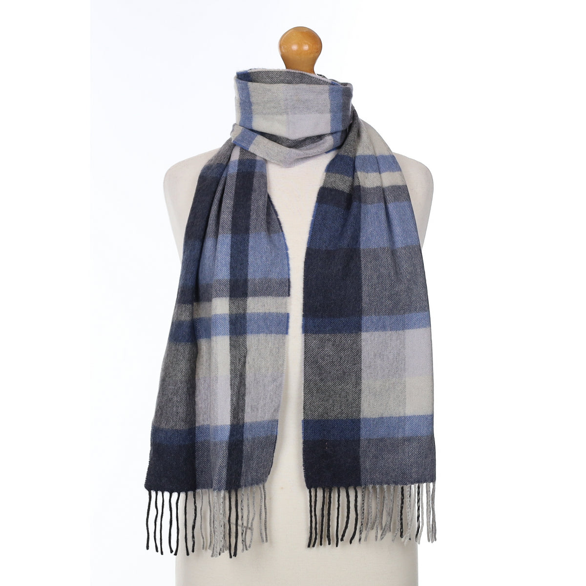 Blue and Grey Plaid Cashmere Woven Scarf
