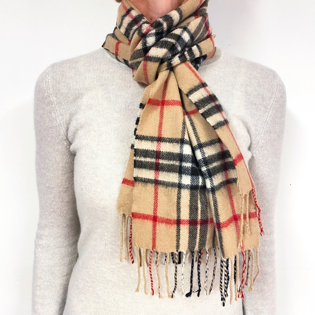 Caramel Black and Red Fringed Cashmere Woven Scarf
