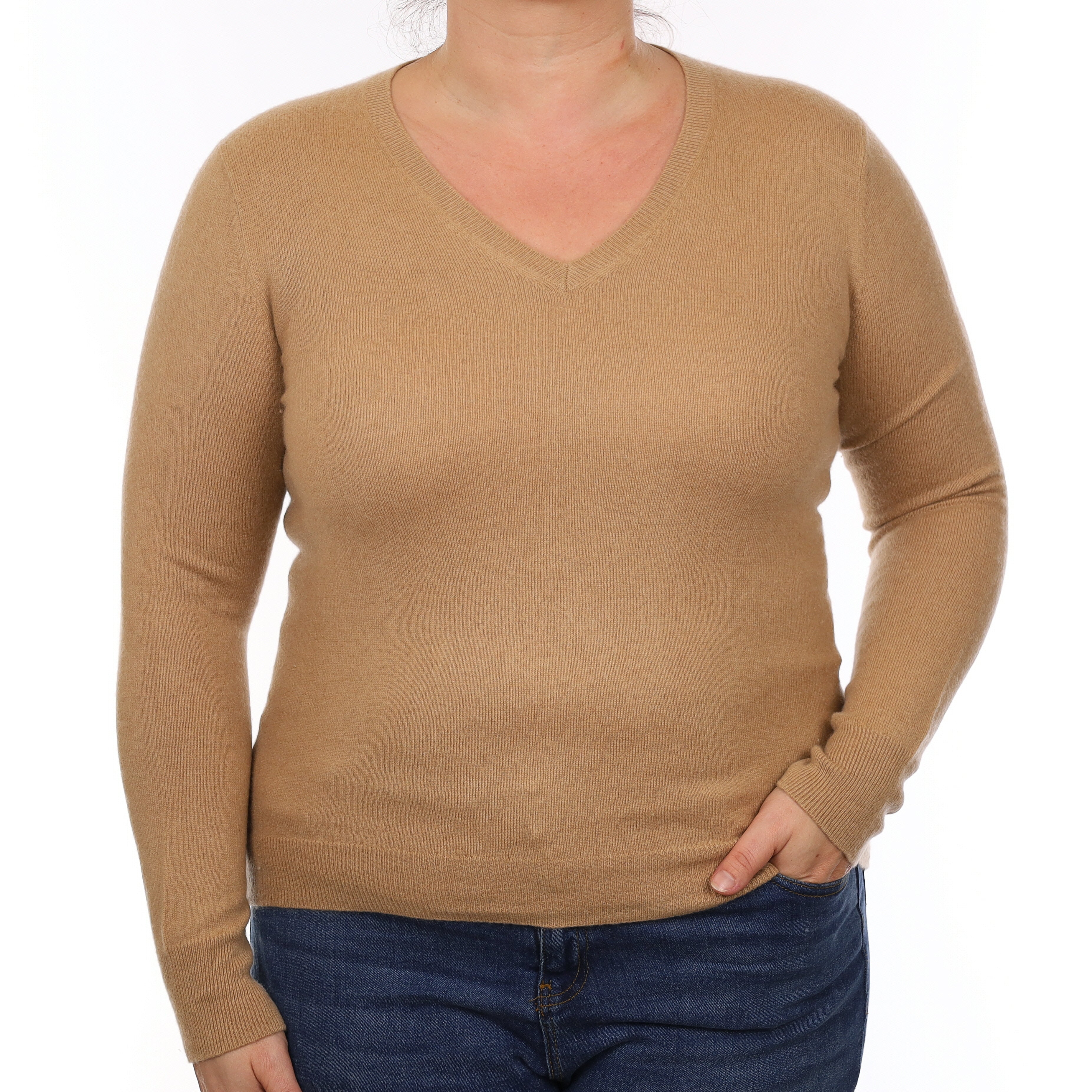 Caramel Brown Cashmere V Neck Jumper Large