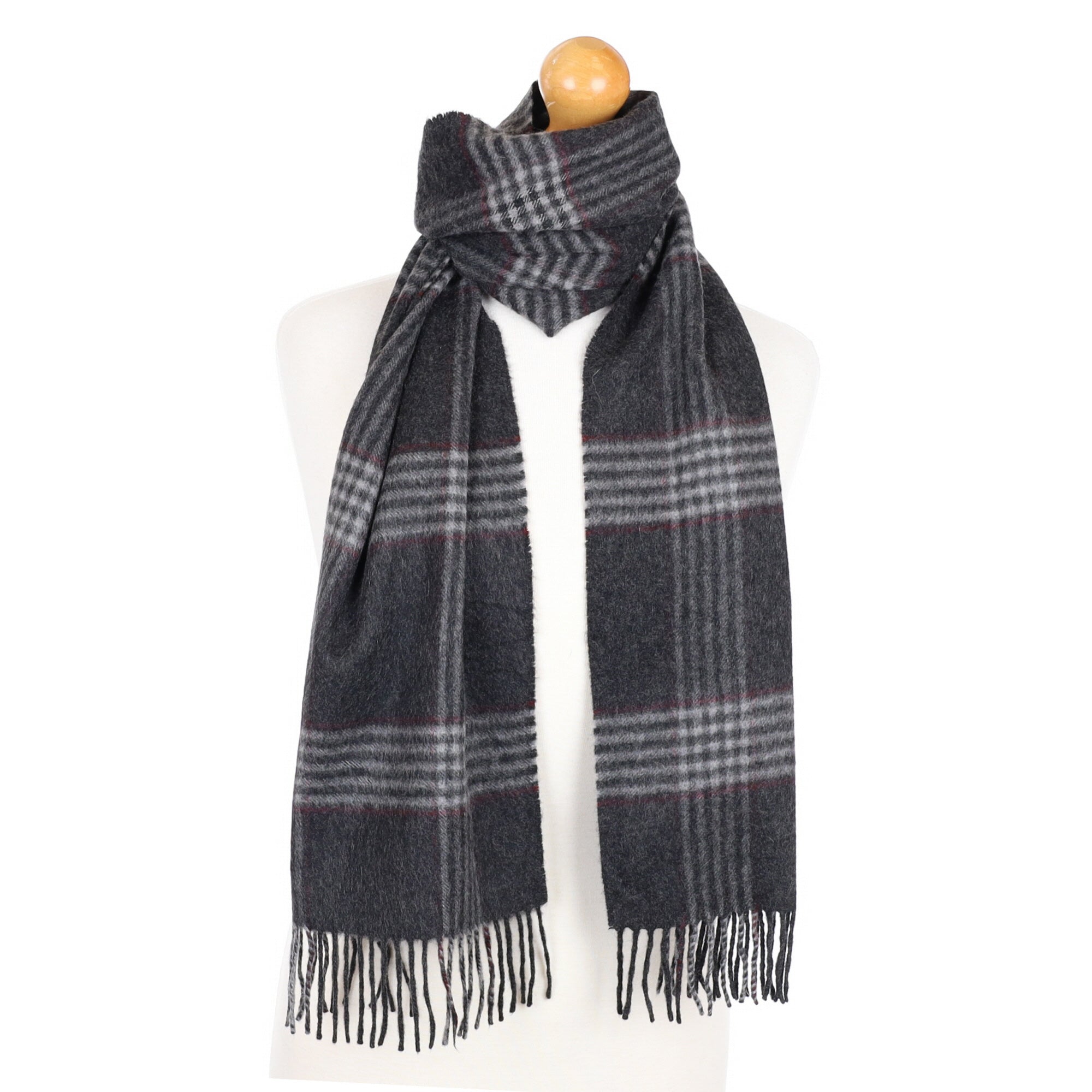 Charcoal Grey Checked Cashmere Fringed Woven Scarf