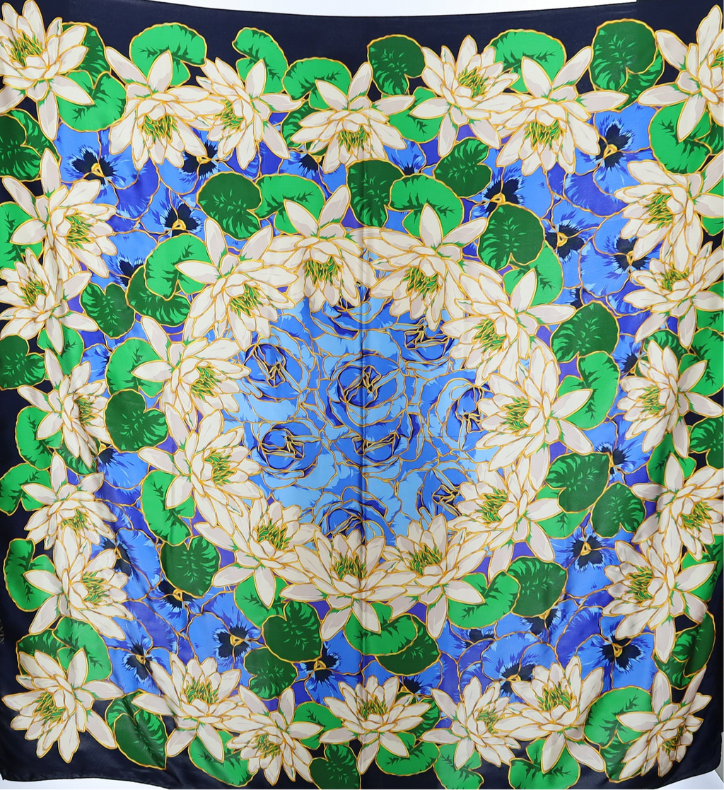 Lanvin Blue, Green & Cream Floral Silk Scarf