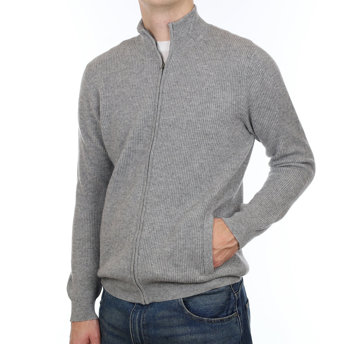 Men’s Brand New Scottish Smoke Grey Rib Cashmere Zip Up Cardigan with Pockets Large