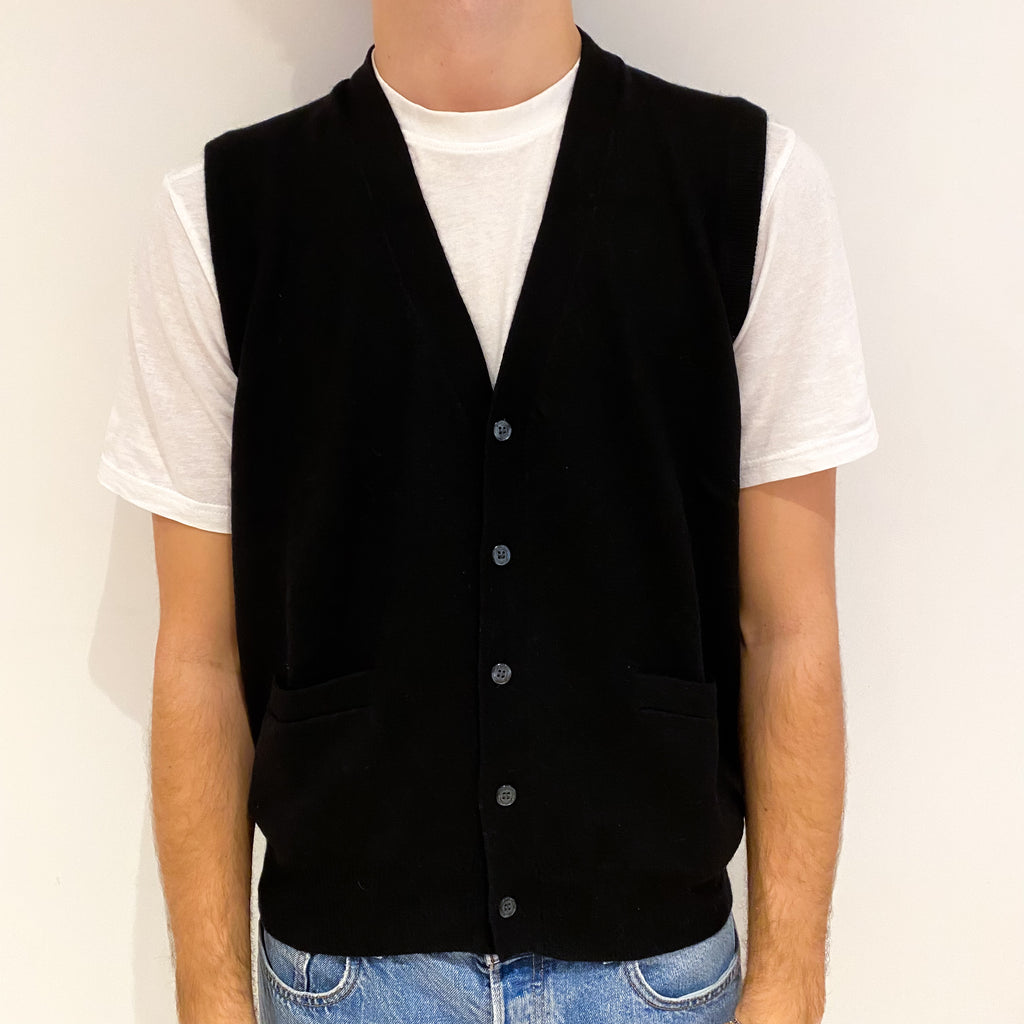 Men's Black Cashmere V Neck Gilet with Pockets Large