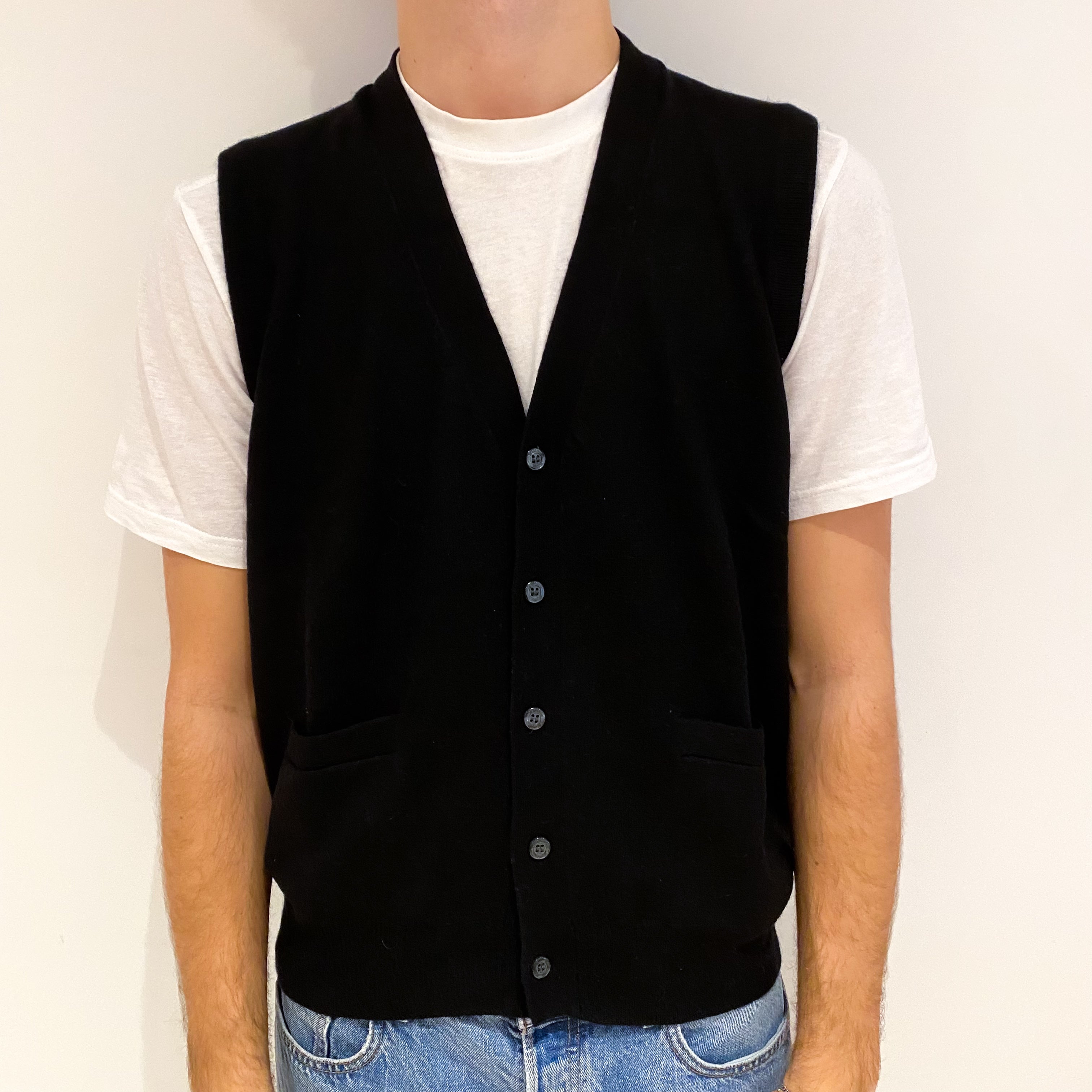 Men's Black Cashmere V Neck Gilet with Pockets Large