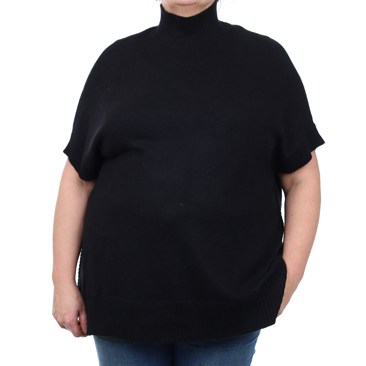 Black Cashmere Capped Sleeve Turtle Neck Tunic Jumper XL
