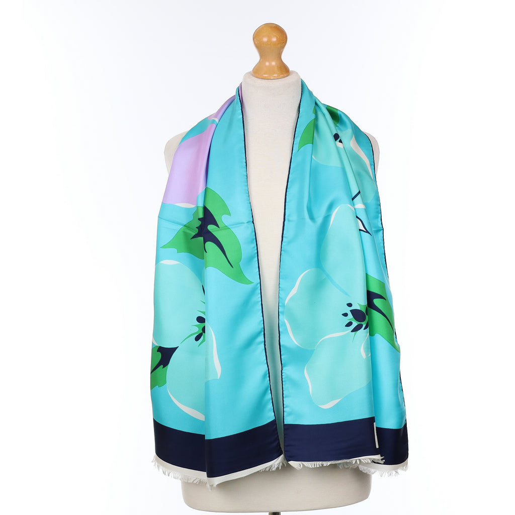 Brand New Boxed Balmain Aquamarine Blue Floral Vintage Silk Scarf