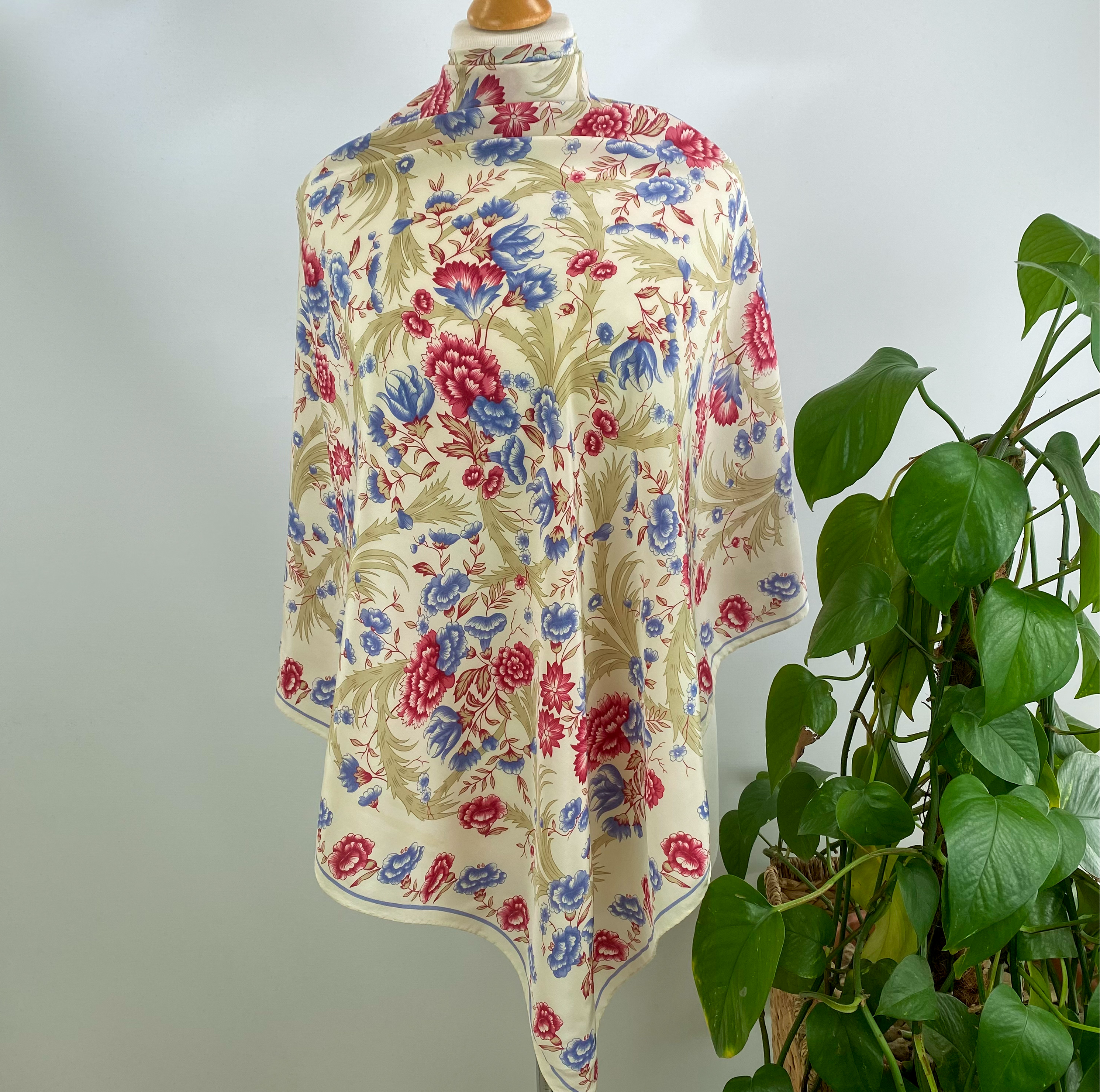Botanical Pink and Blue Vintage Silk Scarf