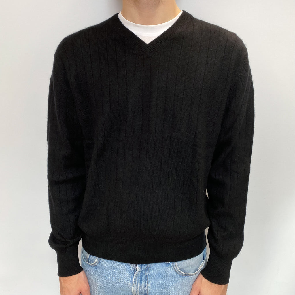 Men's Black Rib Cashmere V Neck Jumper Large