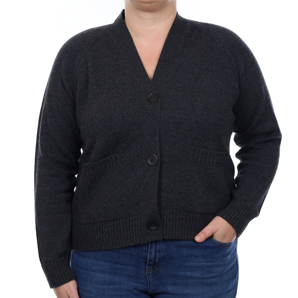 Brand New Scottish Charcoal Heavy Knit Cashmere V Neck Cardigan Large