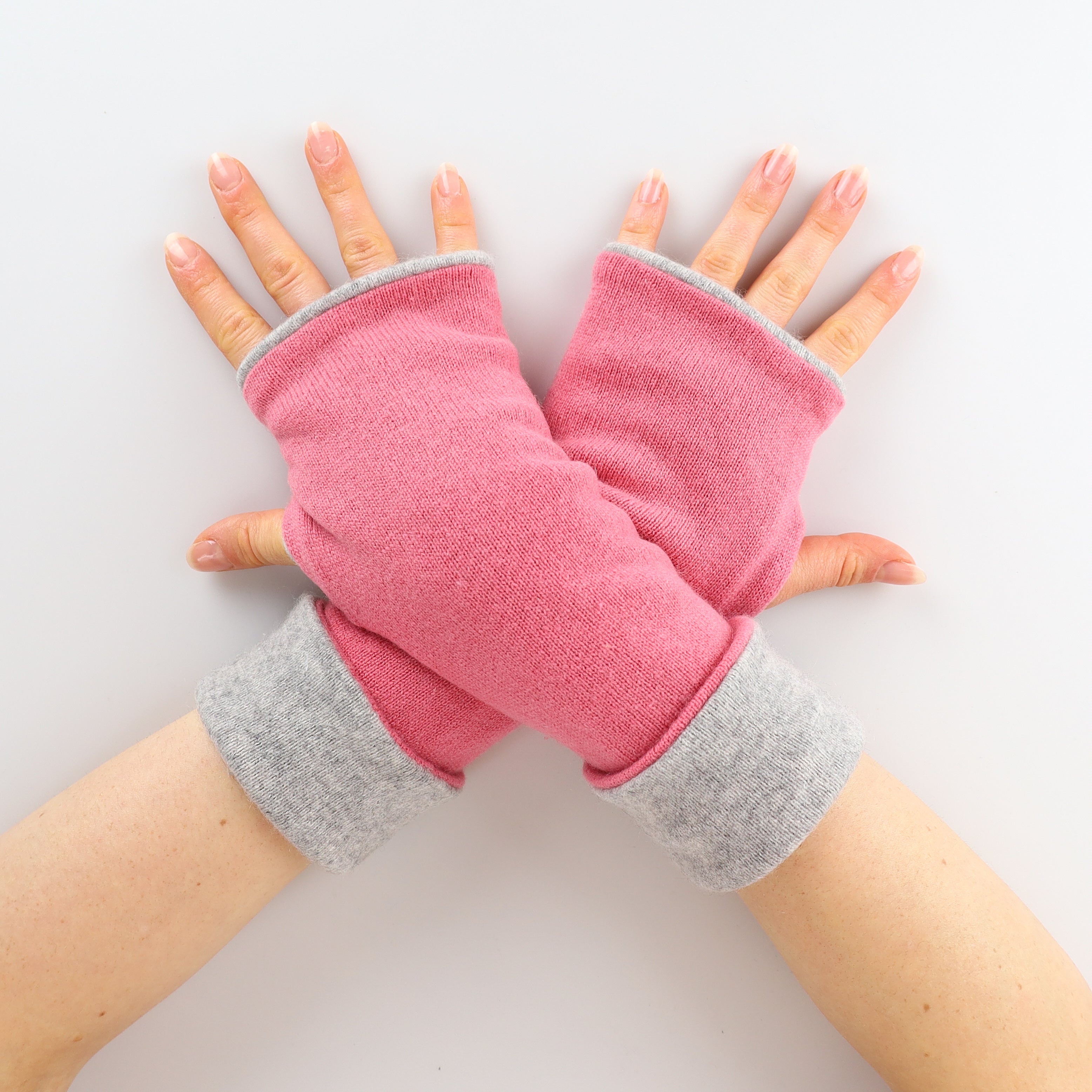 Salmon Pink and Mist Grey Reversible Cashmere Fingerless Gloves