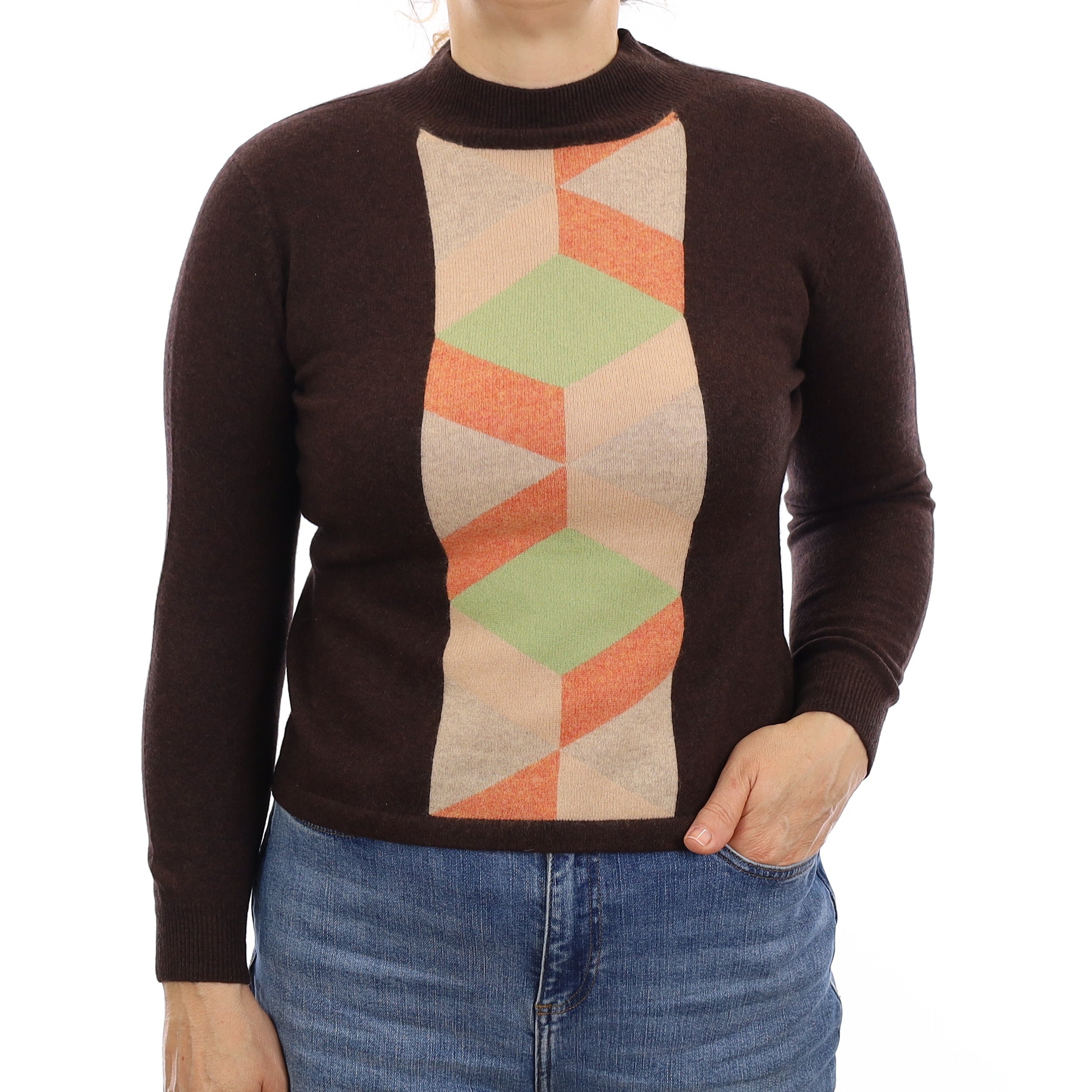 Chocolate Brown Geometric Pattern Cashmere Turtle Neck Jumper Medium