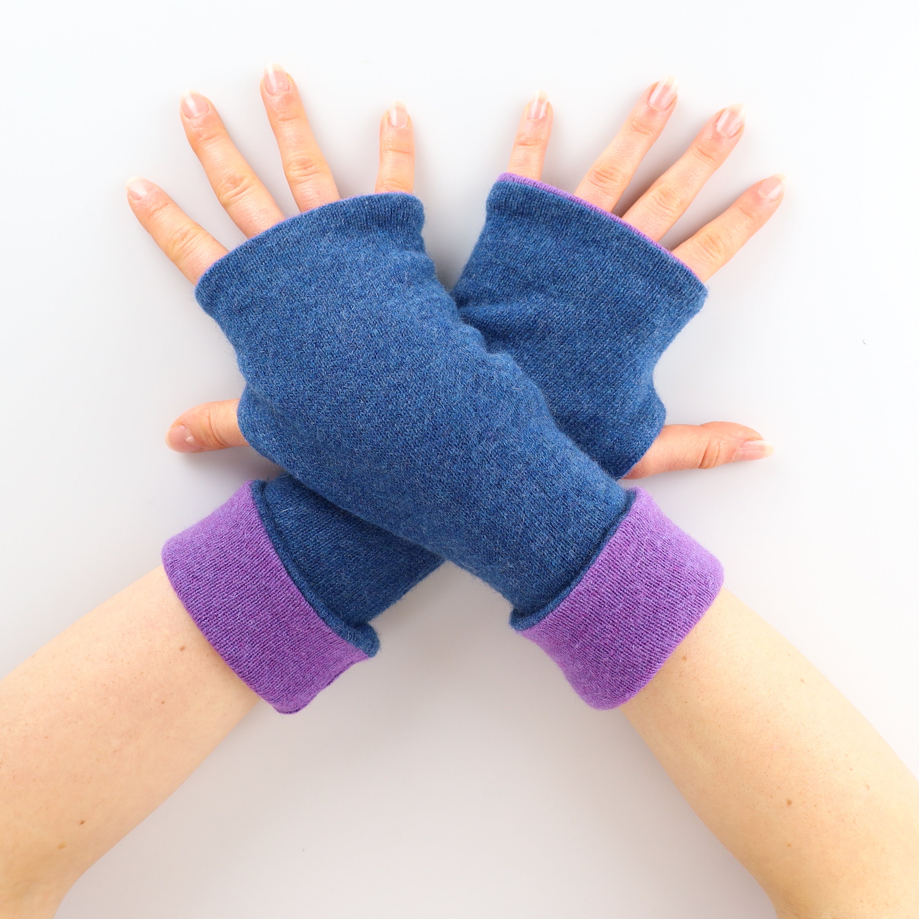 Deep Denim and Purple Reversible Cashmere Fingerless Gloves