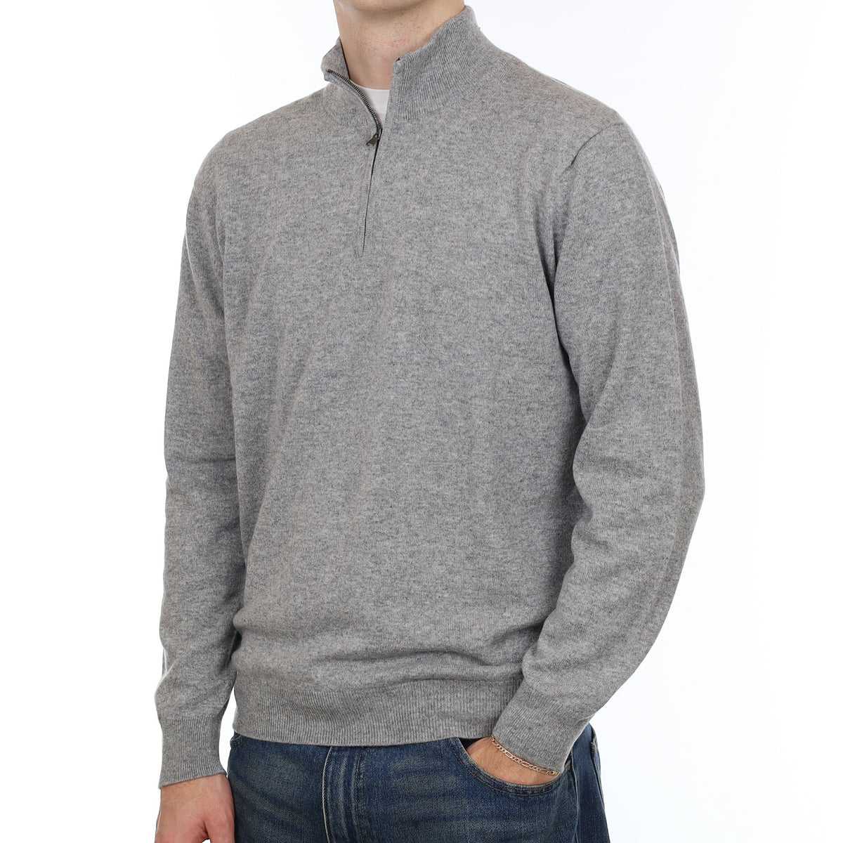 Men’s Brand New Scottish Smoke Grey Cashmere 1/4 Zip Jumper Large
